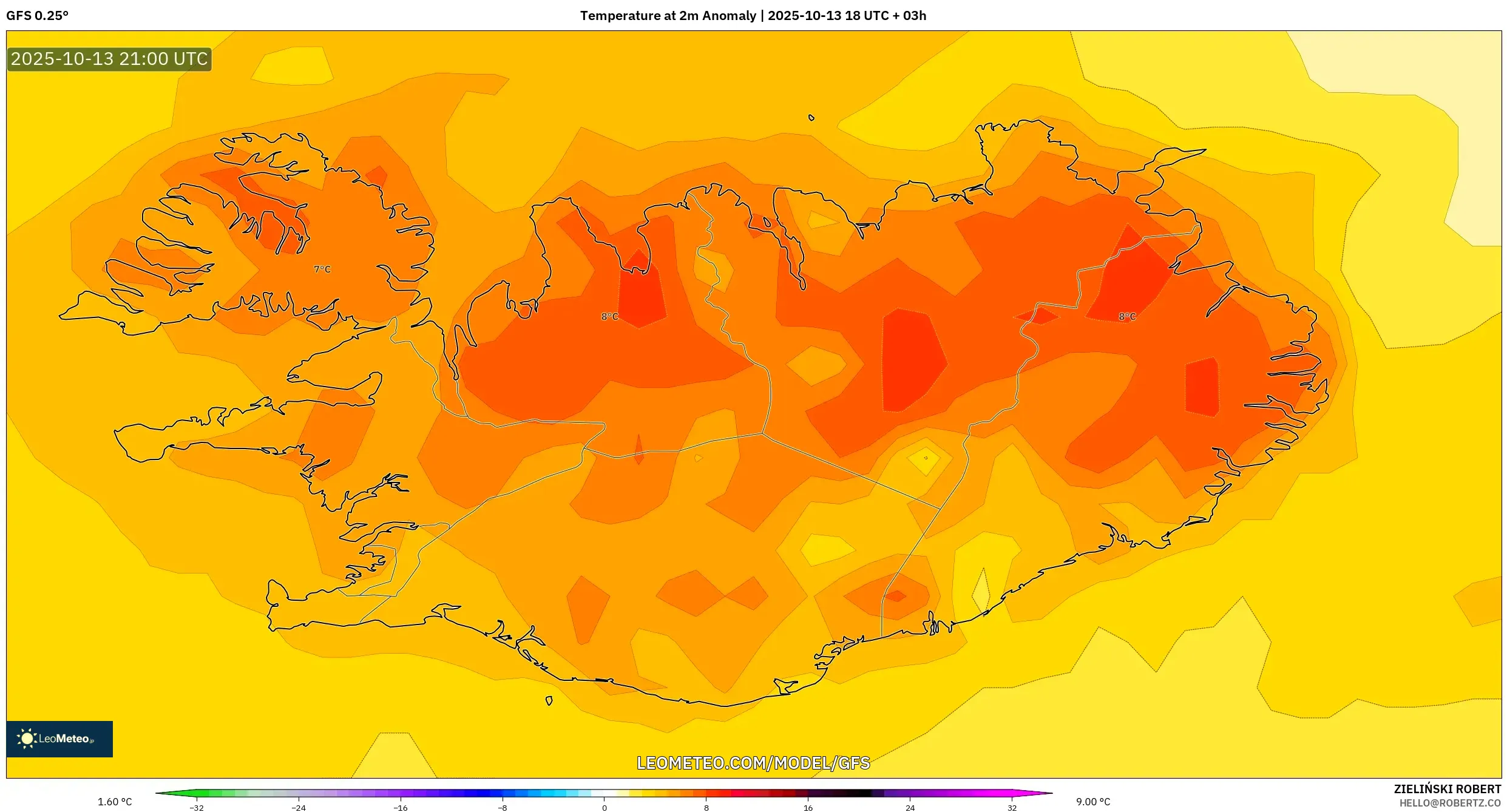 GFS model - Iceland, Temperature at 2m Anomaly GFS model - Iceland, Temperature at 2m Anomaly