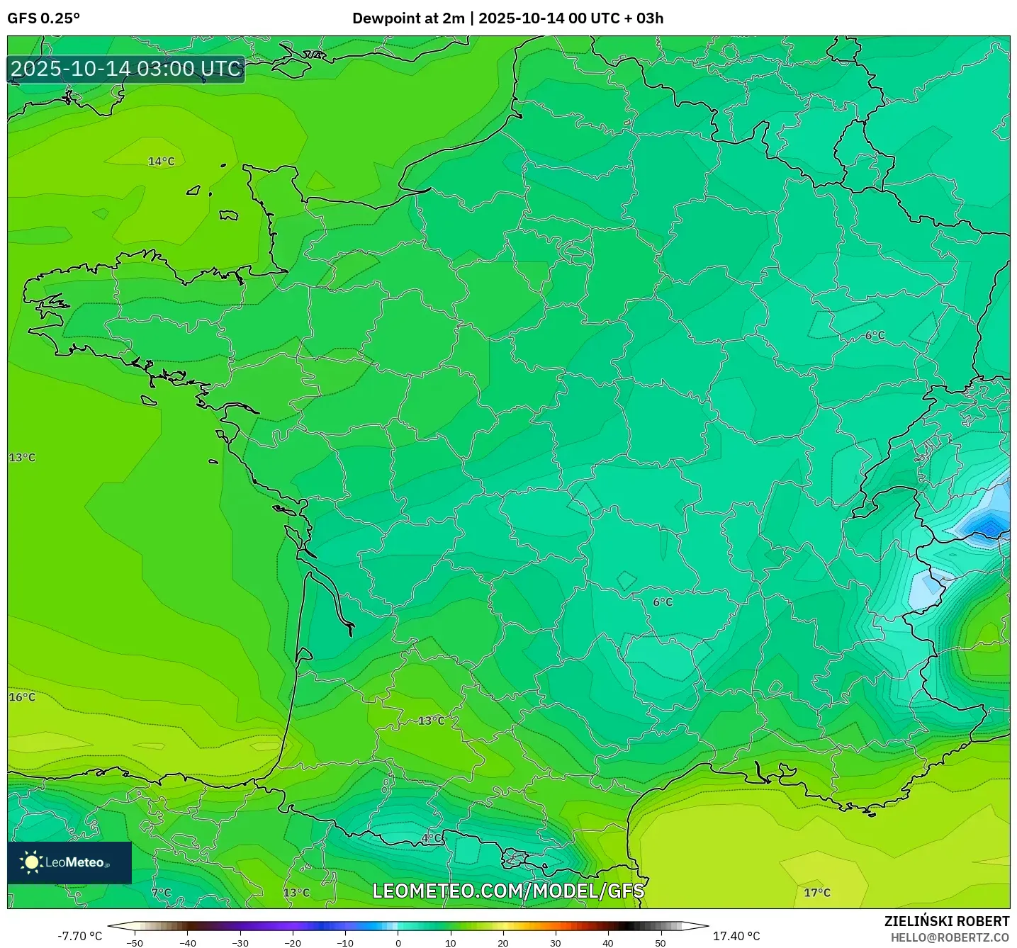 GFS model - France, Dewpoint at 2m GFS model - France, Dewpoint at 2m
