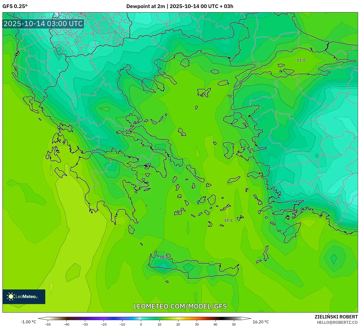 GFS model - Greece, Dewpoint at 2m GFS model - Greece, Dewpoint at 2m