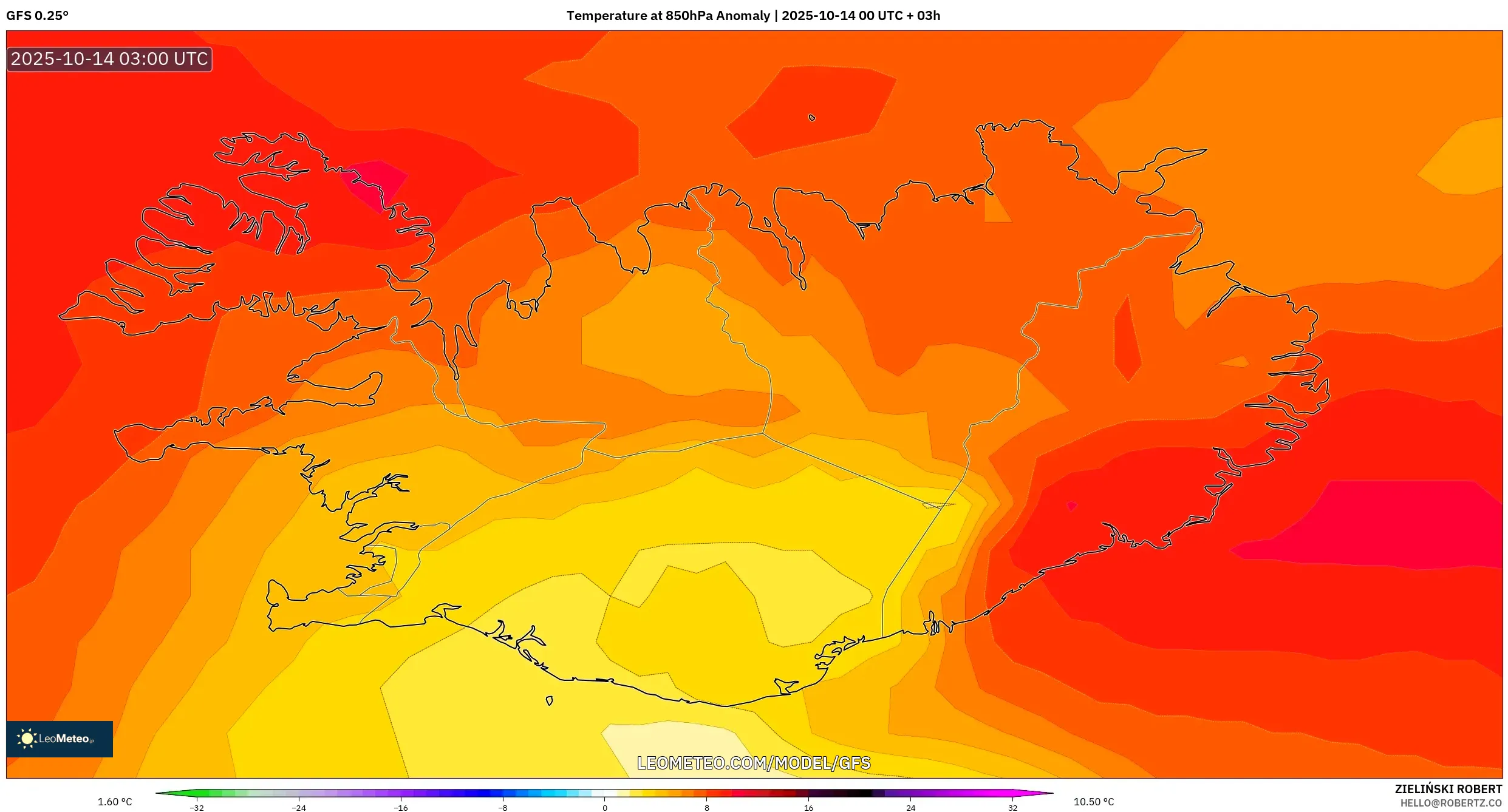 GFS model - Iceland, Temperature at 850hPa Anomaly GFS model - Iceland, Temperature at 850hPa Anomaly