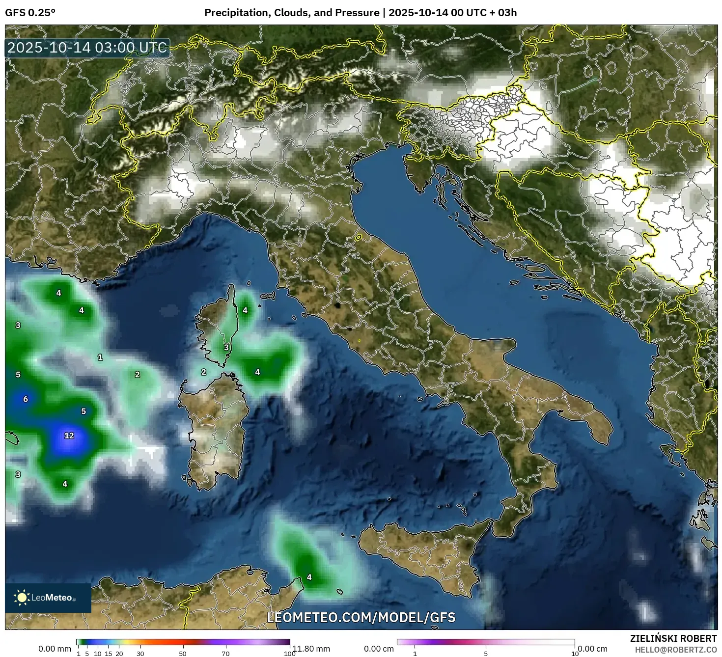 GFS model - Italy, Precipitation, Clouds, and Pressure GFS model - Italy, Precipitation, Clouds, and Pressure