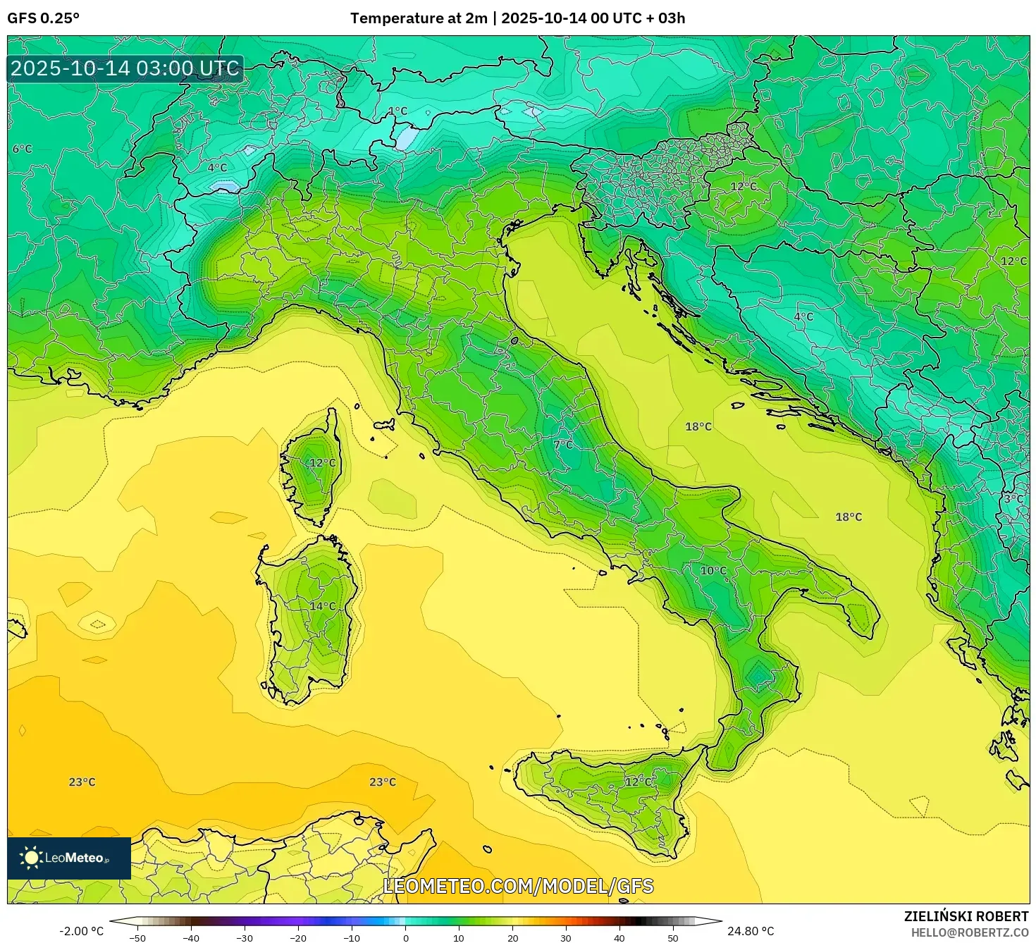 GFS model - Italy, Temperature at 2m GFS model - Italy, Temperature at 2m
