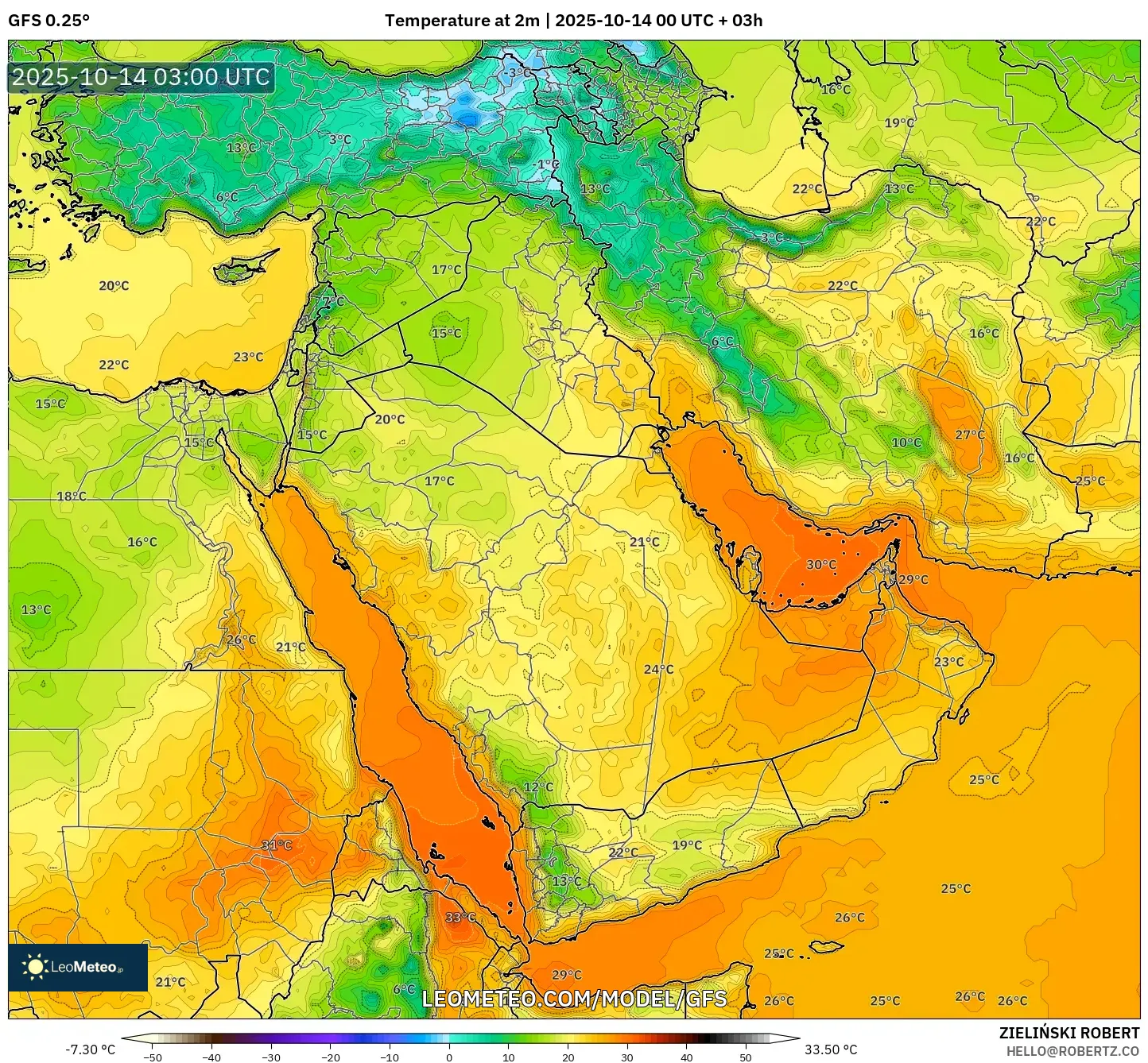 GFS model - Middle East, Temperature at 2m GFS model - Middle East, Temperature at 2m