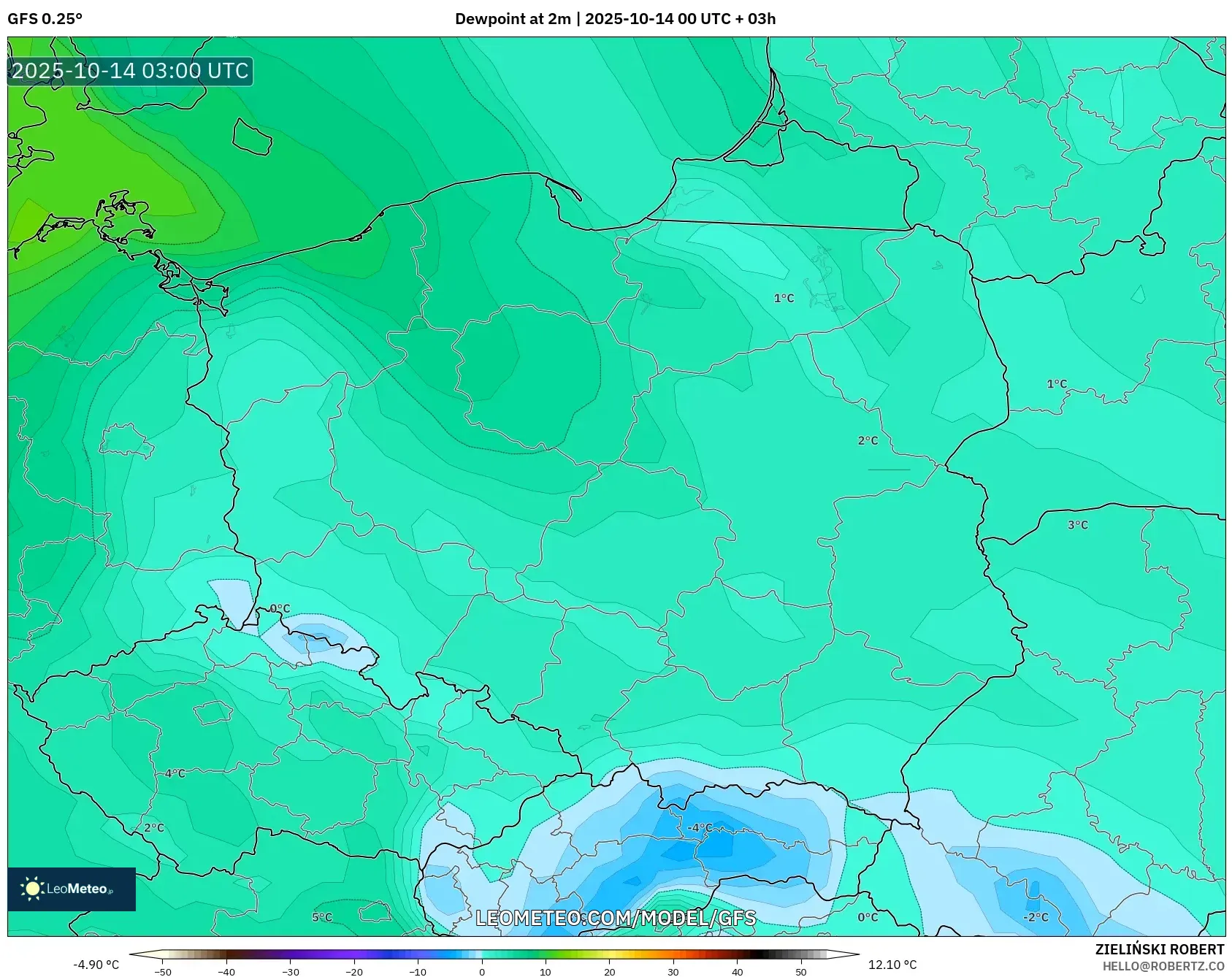 GFS model - Poland, Dewpoint at 2m GFS model - Poland, Dewpoint at 2m