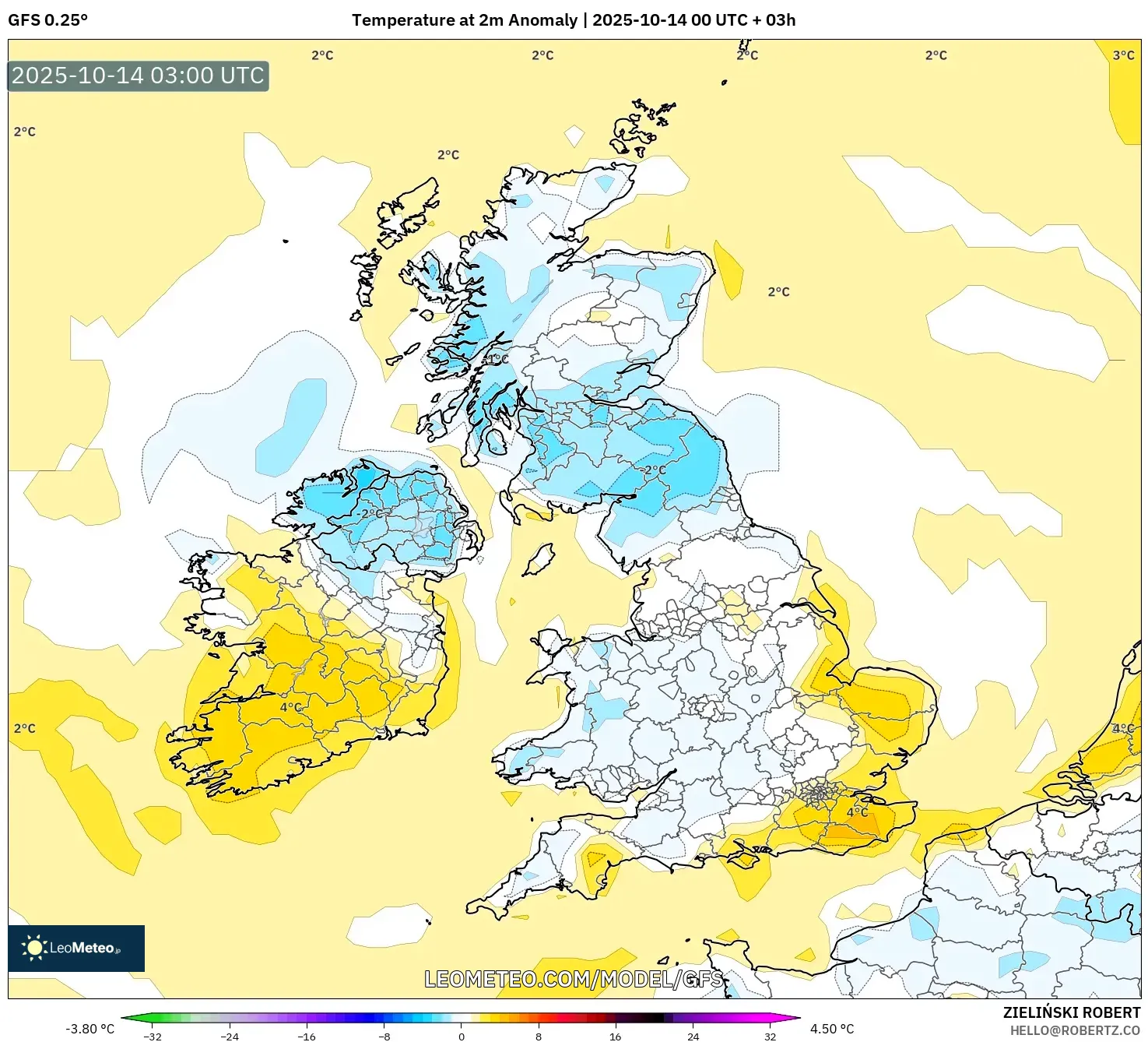 GFS model - United Kingdom, Temperature at 2m Anomaly GFS model - United Kingdom, Temperature at 2m Anomaly