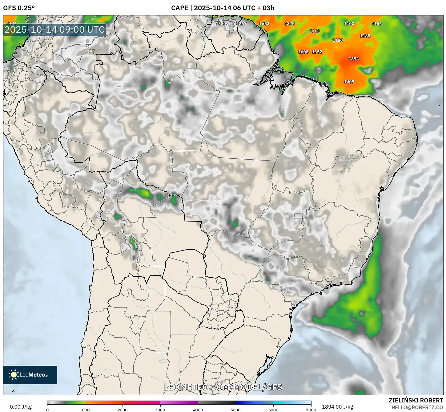 GFS model - Brazil, CAPE GFS model - Brazil, CAPE