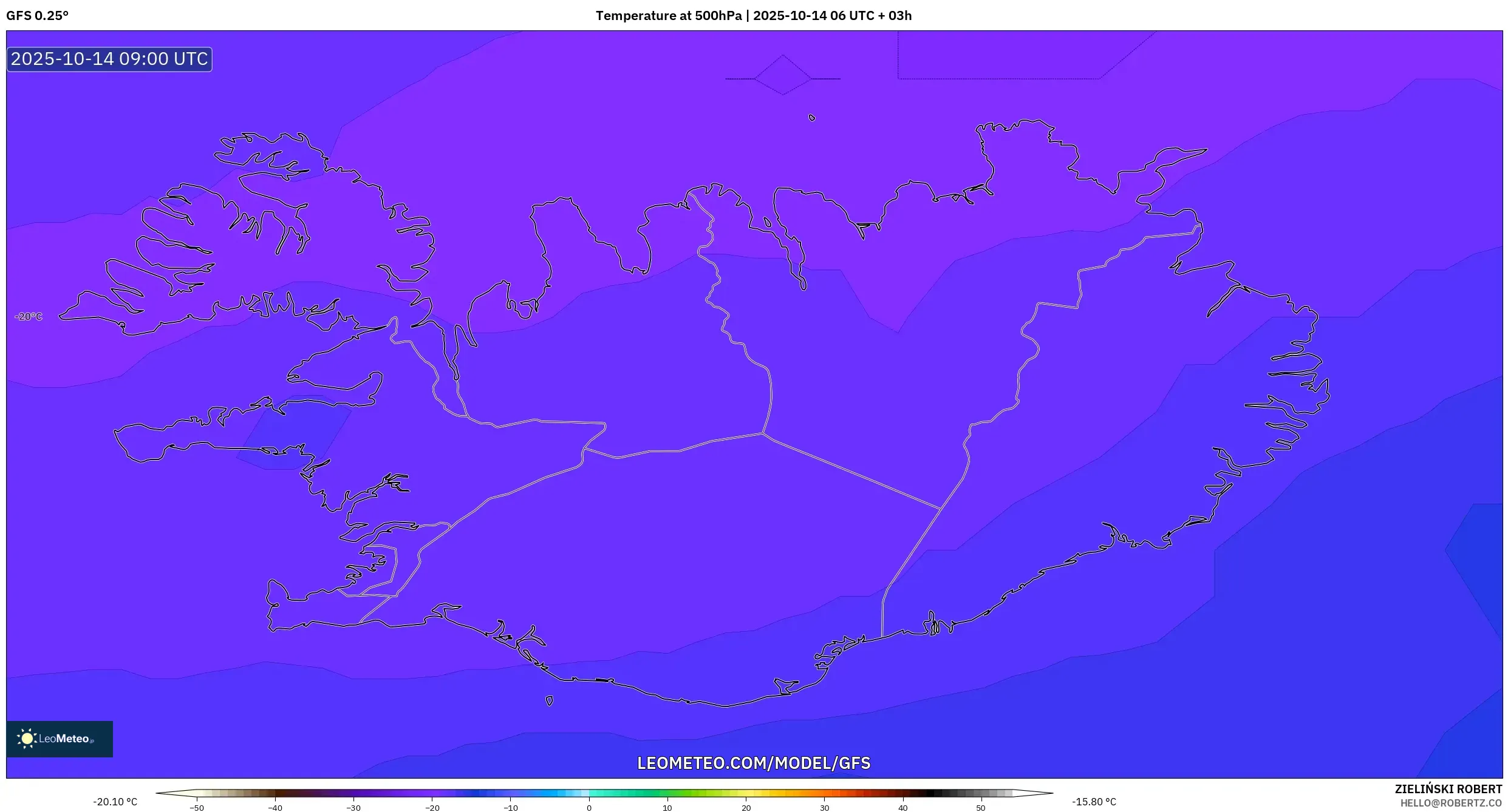 GFS model - Iceland, Temperature at 500hPa