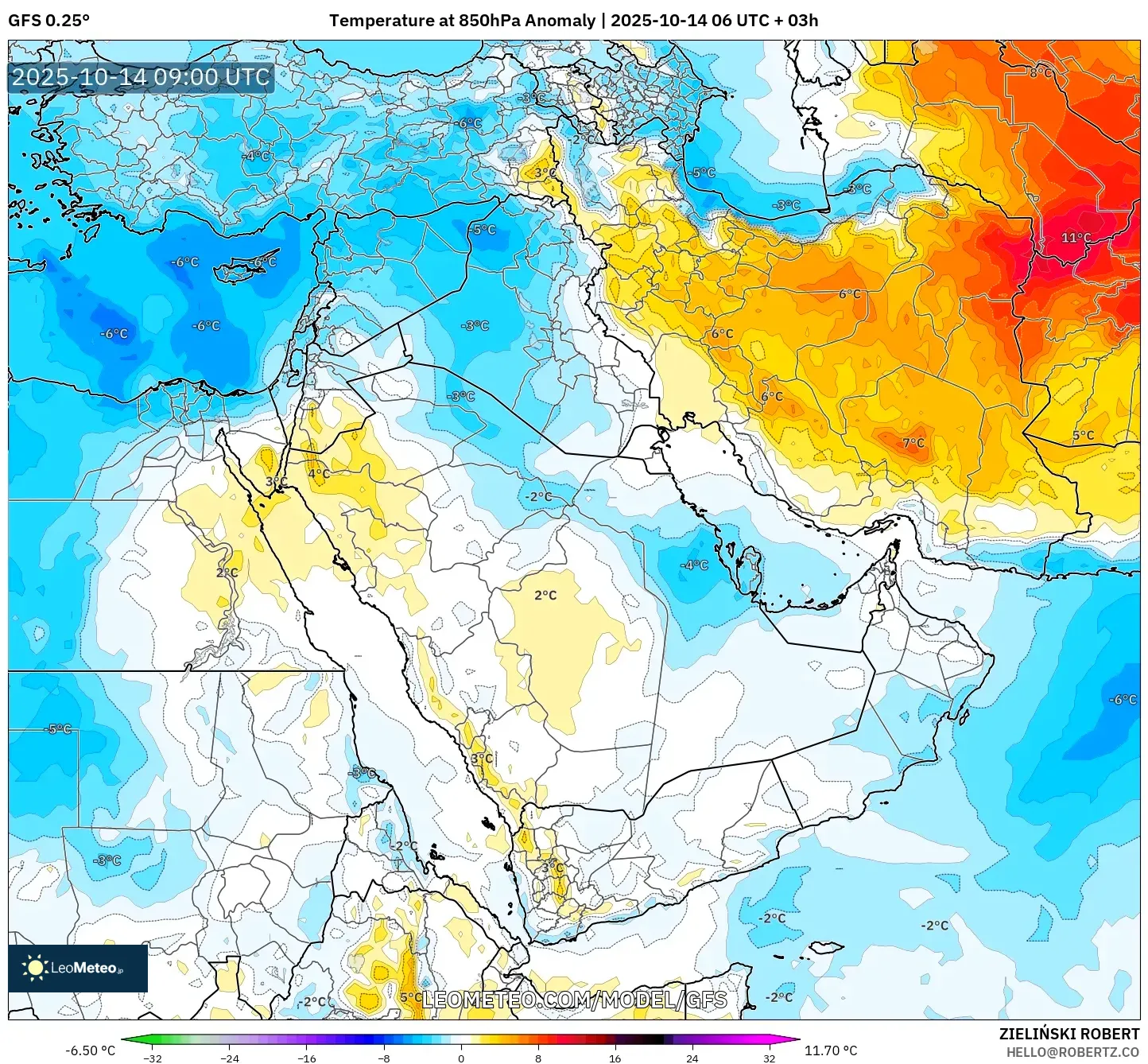 GFS model - Middle East, Temperature at 850hPa Anomaly GFS model - Middle East, Temperature at 850hPa Anomaly