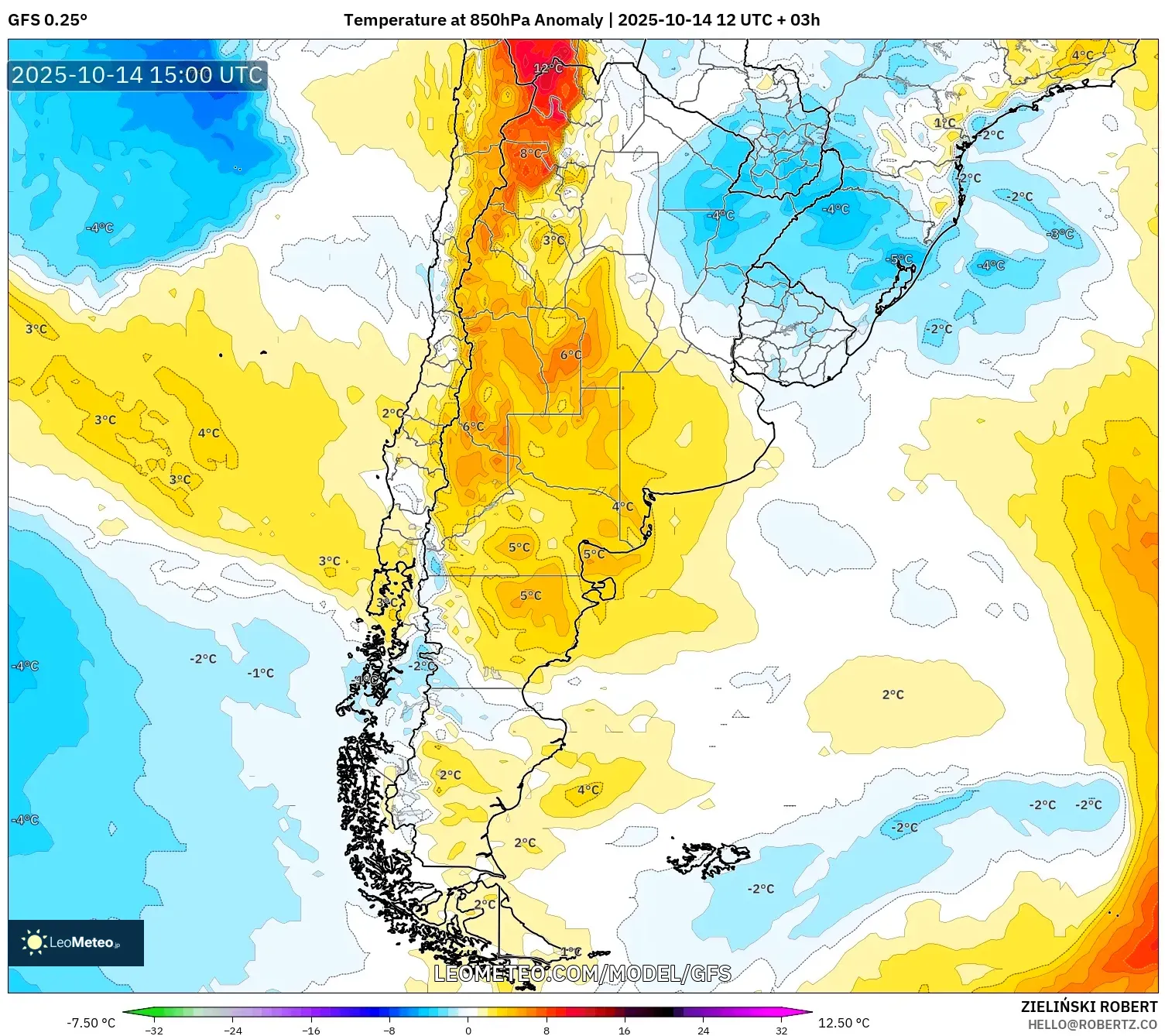 GFS model - Argentina, Temperature at 850hPa Anomaly