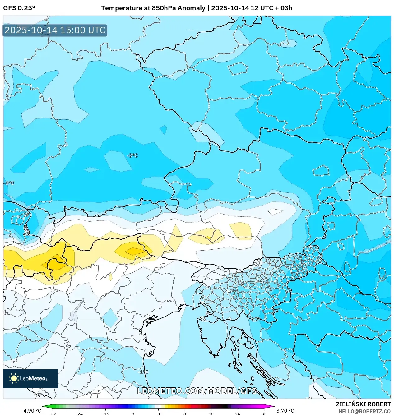 GFS model - Austria, Temperature at 850hPa Anomaly GFS model - Austria, Temperature at 850hPa Anomaly