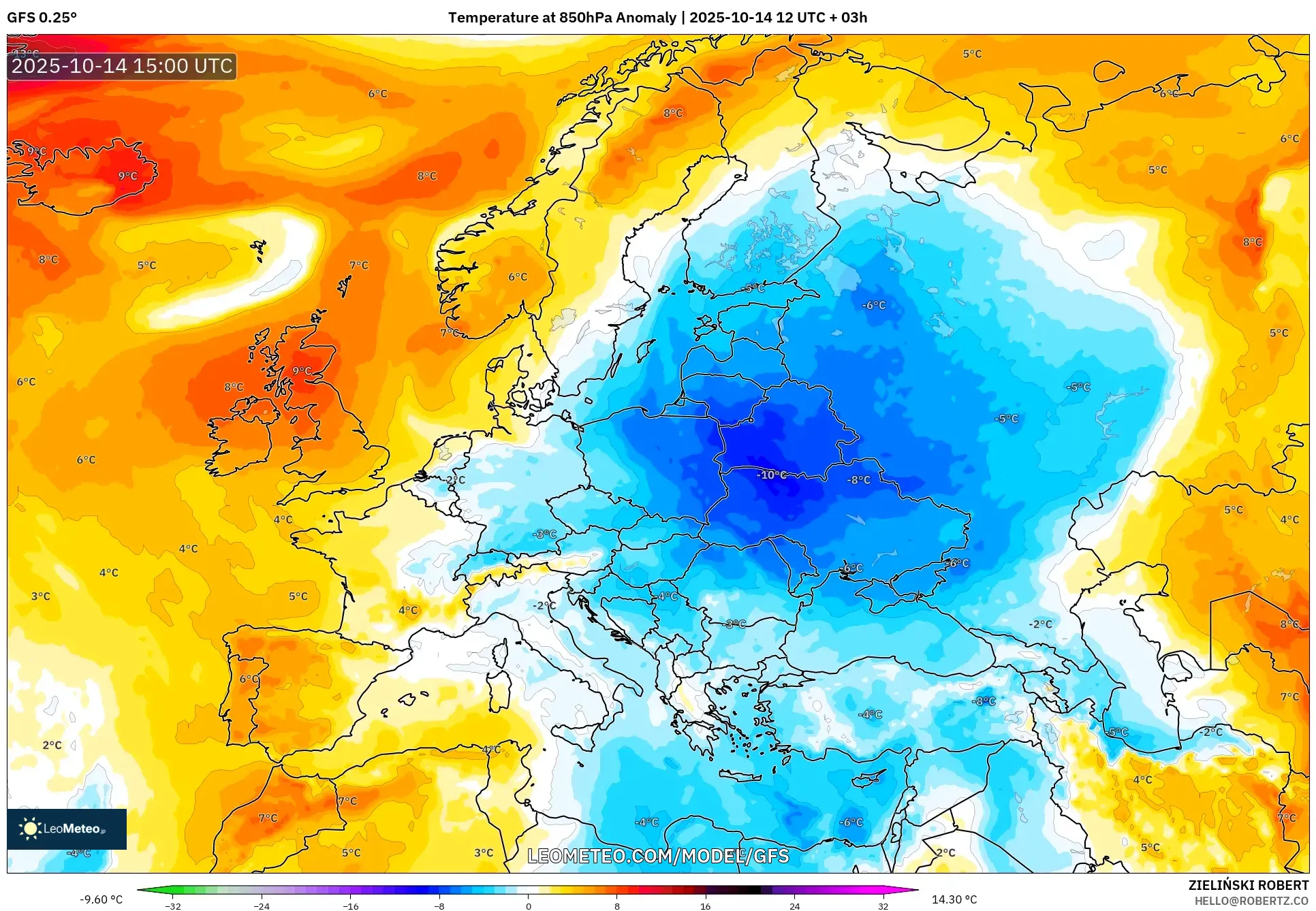 GFS model - Europe, Temperature at 850hPa Anomaly GFS model - Europe, Temperature at 850hPa Anomaly