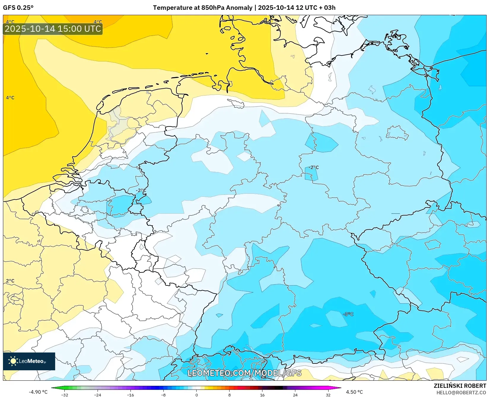 GFS model - Germany, Temperature at 850hPa Anomaly