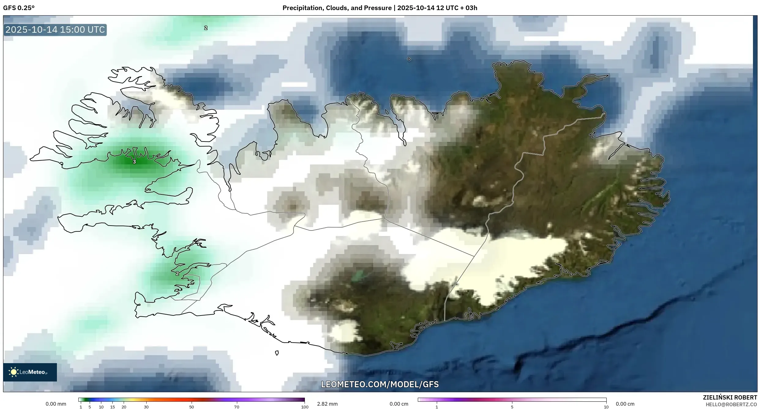 GFS model - Iceland, Precipitation, Clouds, and Pressure GFS model - Iceland, Precipitation, Clouds, and Pressure