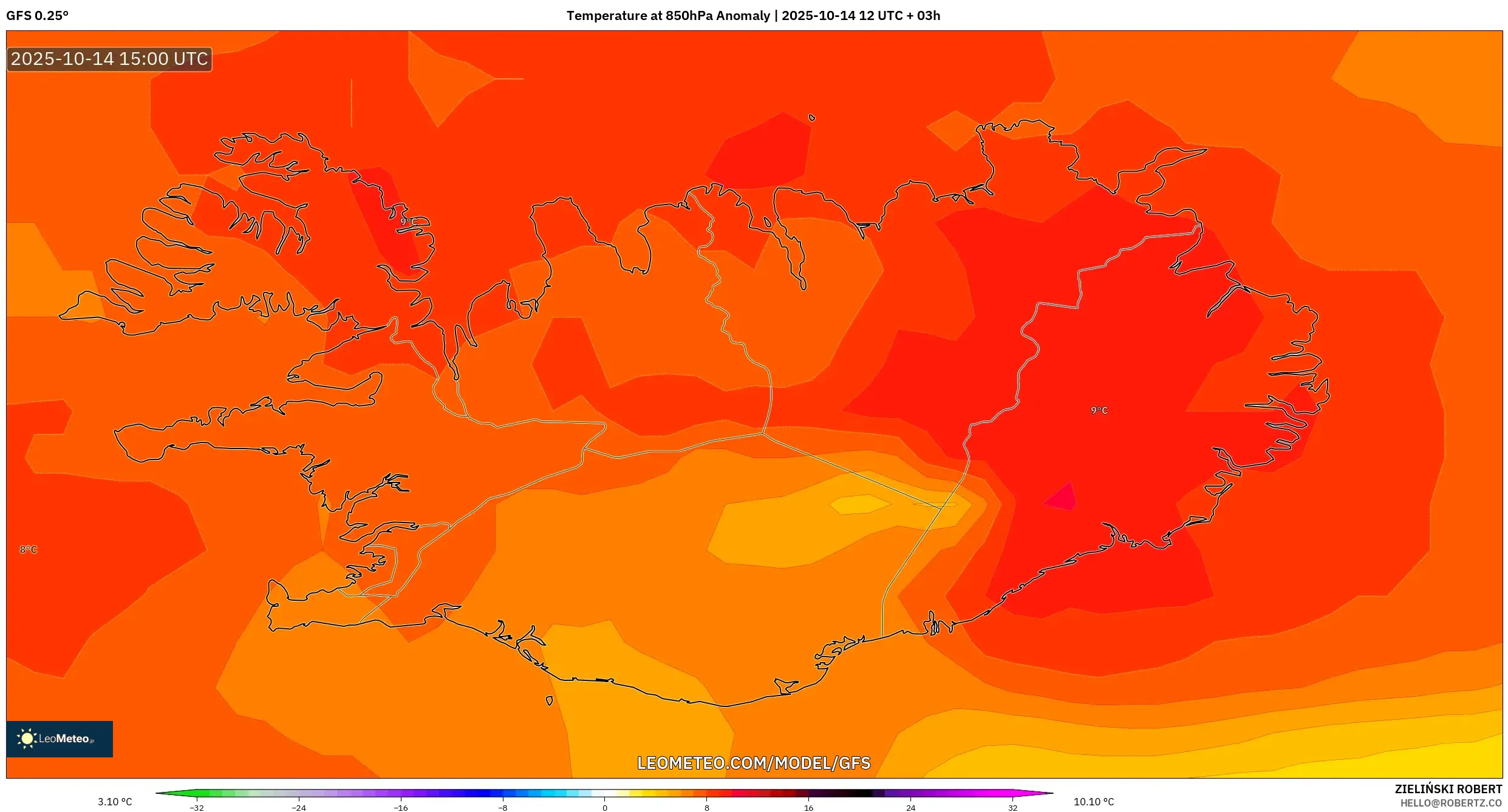 GFS model - Iceland, Temperature at 850hPa Anomaly GFS model - Iceland, Temperature at 850hPa Anomaly