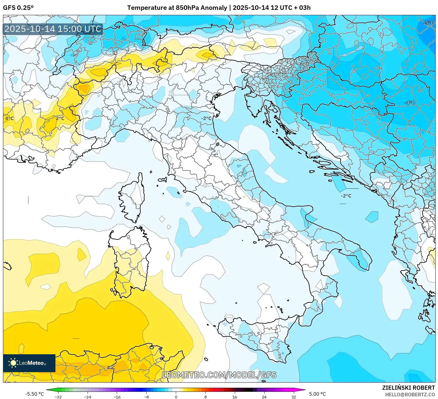 GFS model - Italy, Temperature at 850hPa Anomaly GFS model - Italy, Temperature at 850hPa Anomaly