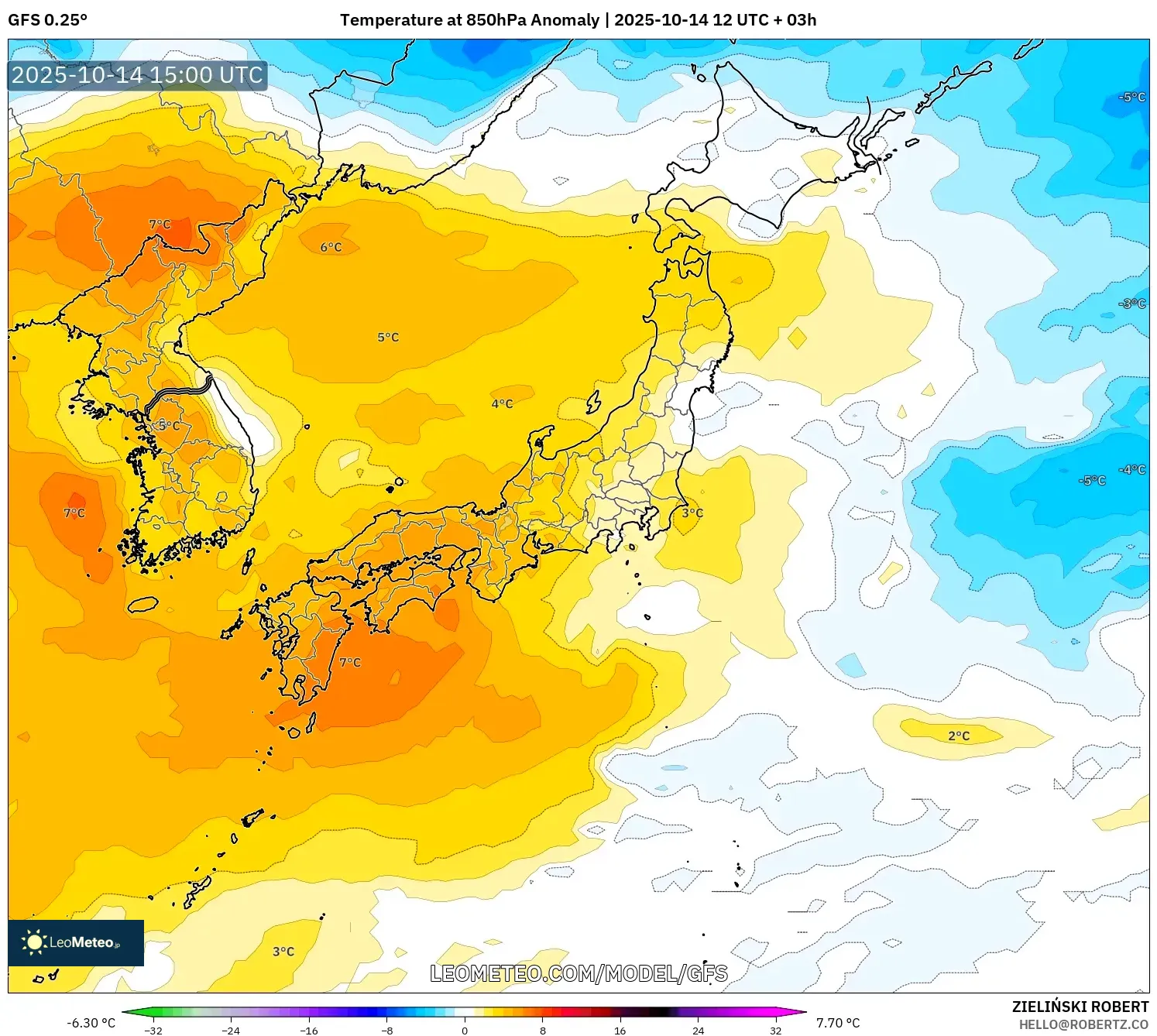 GFS model - Japan, Temperature at 850hPa Anomaly