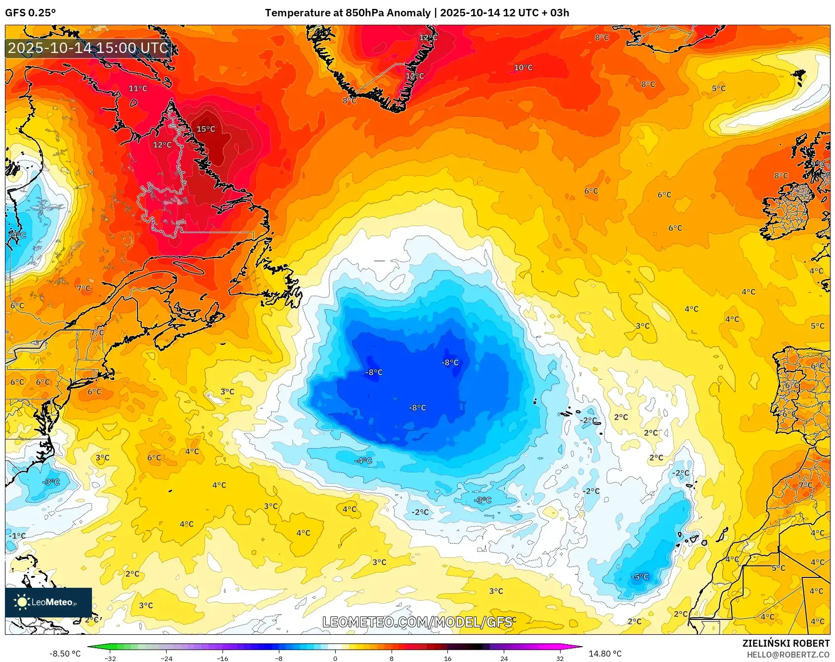 GFS model - North Atlantic, Temperature at 850hPa Anomaly GFS model - North Atlantic, Temperature at 850hPa Anomaly
