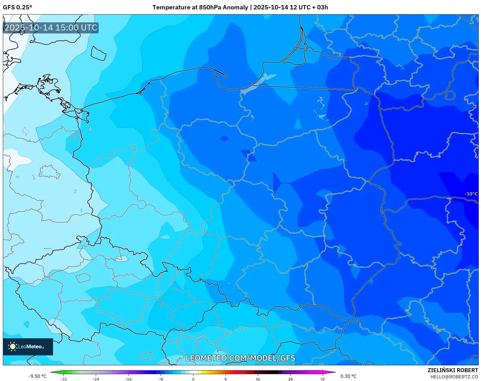 GFS model - Poland, Temperature at 850hPa Anomaly GFS model - Poland, Temperature at 850hPa Anomaly