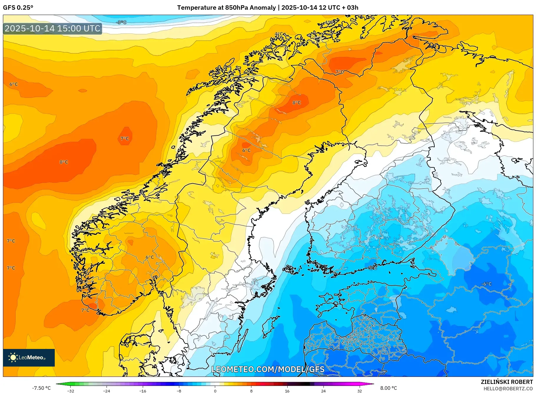 GFS model - Scandinavia, Temperature at 850hPa Anomaly GFS model - Scandinavia, Temperature at 850hPa Anomaly