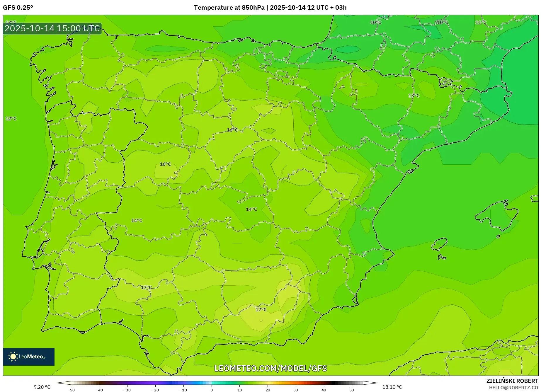 GFS model - Spain, Temperature at 850hPa GFS model - Spain, Temperature at 850hPa