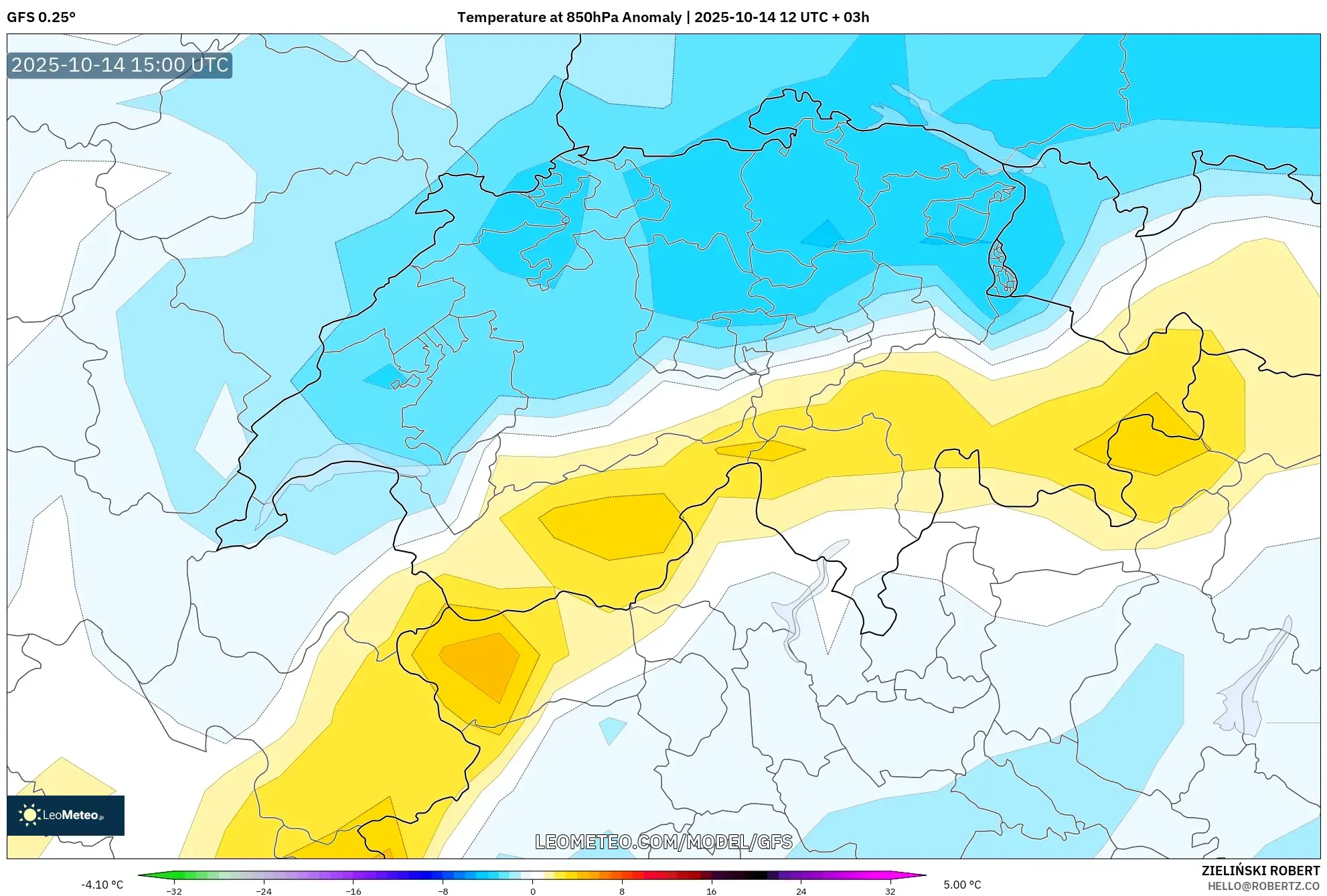 GFS model - Switzerland, Temperature at 850hPa Anomaly GFS model - Switzerland, Temperature at 850hPa Anomaly
