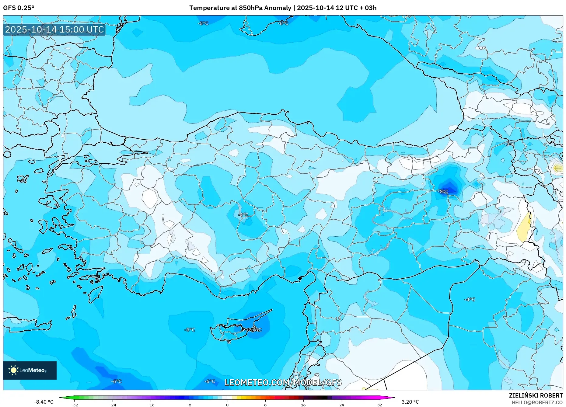 GFS model - Turkey, Temperature at 850hPa Anomaly GFS model - Turkey, Temperature at 850hPa Anomaly
