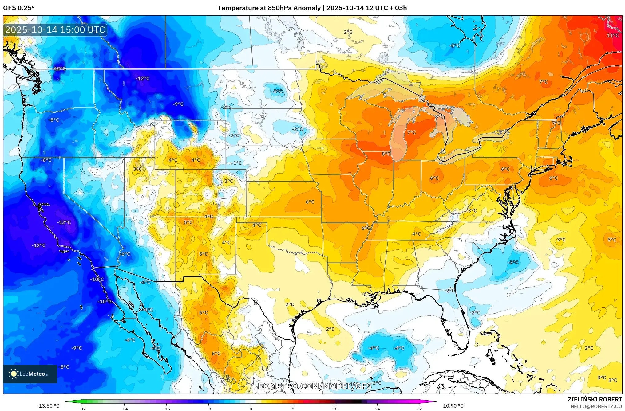 GFS model - United States, Temperature at 850hPa Anomaly GFS model - United States, Temperature at 850hPa Anomaly