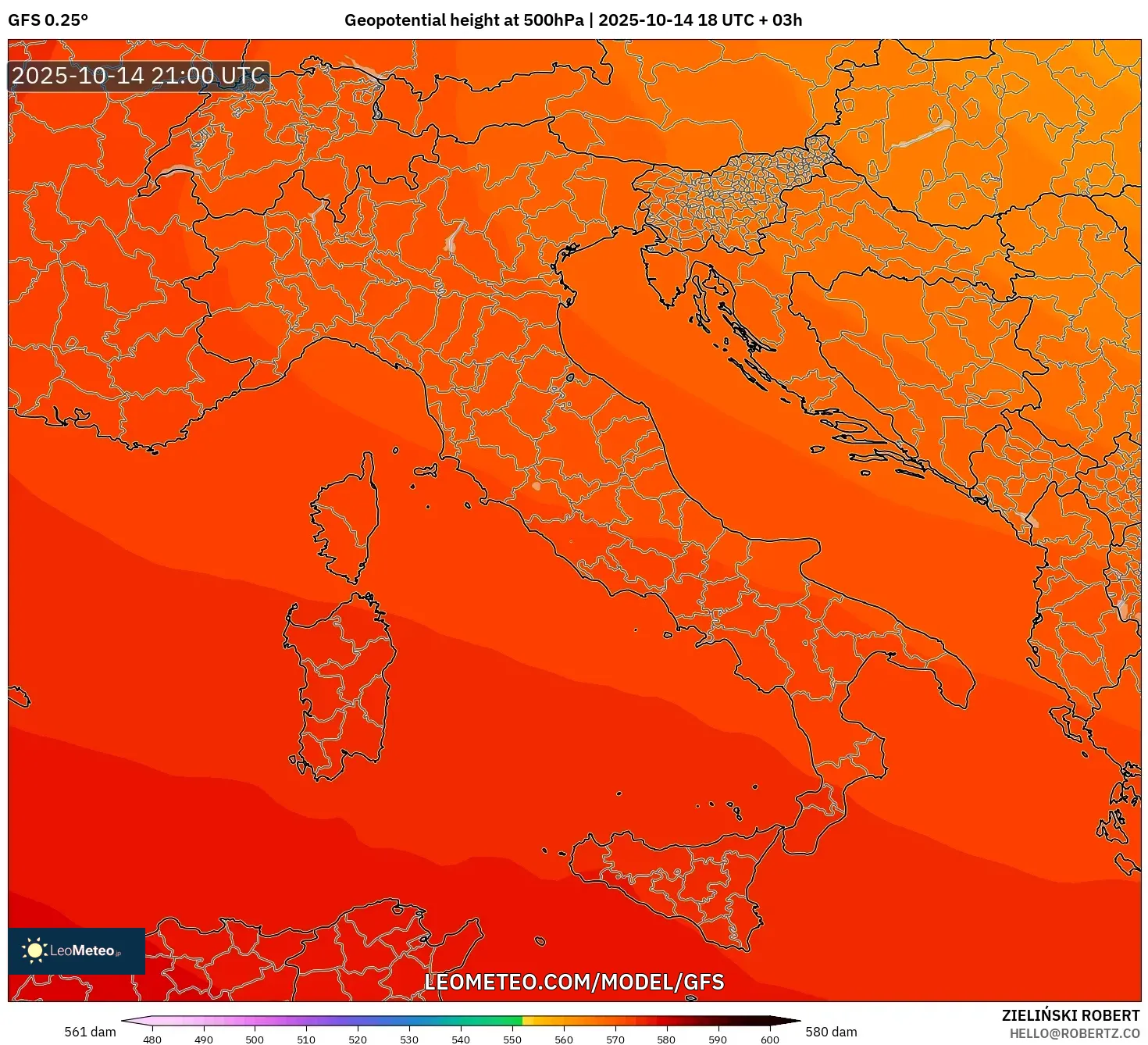 GFS model - Italy, Geopotential height at 500hPa GFS model - Italy, Geopotential height at 500hPa