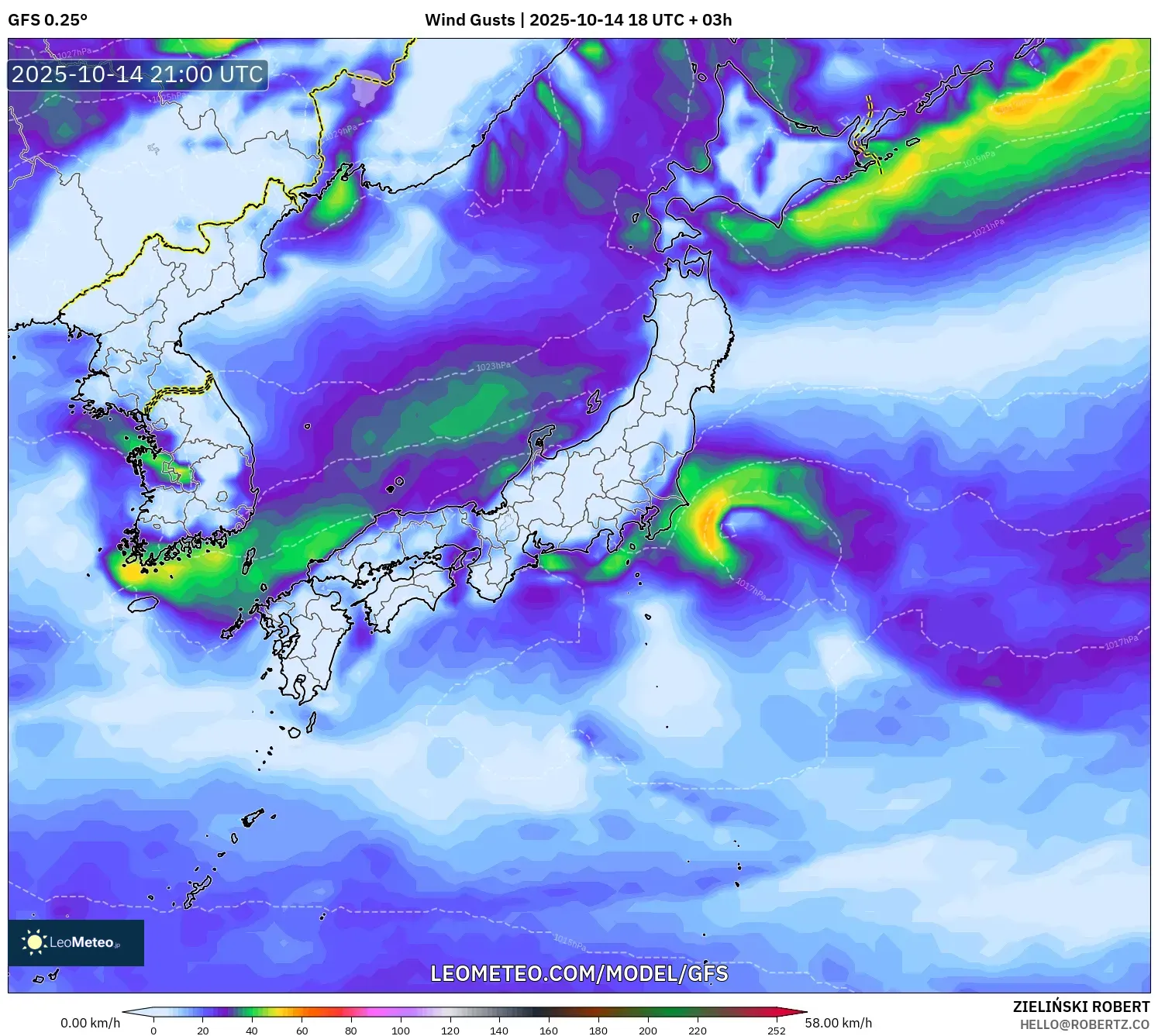 GFS model - Japan, Wind Gusts GFS model - Japan, Wind Gusts