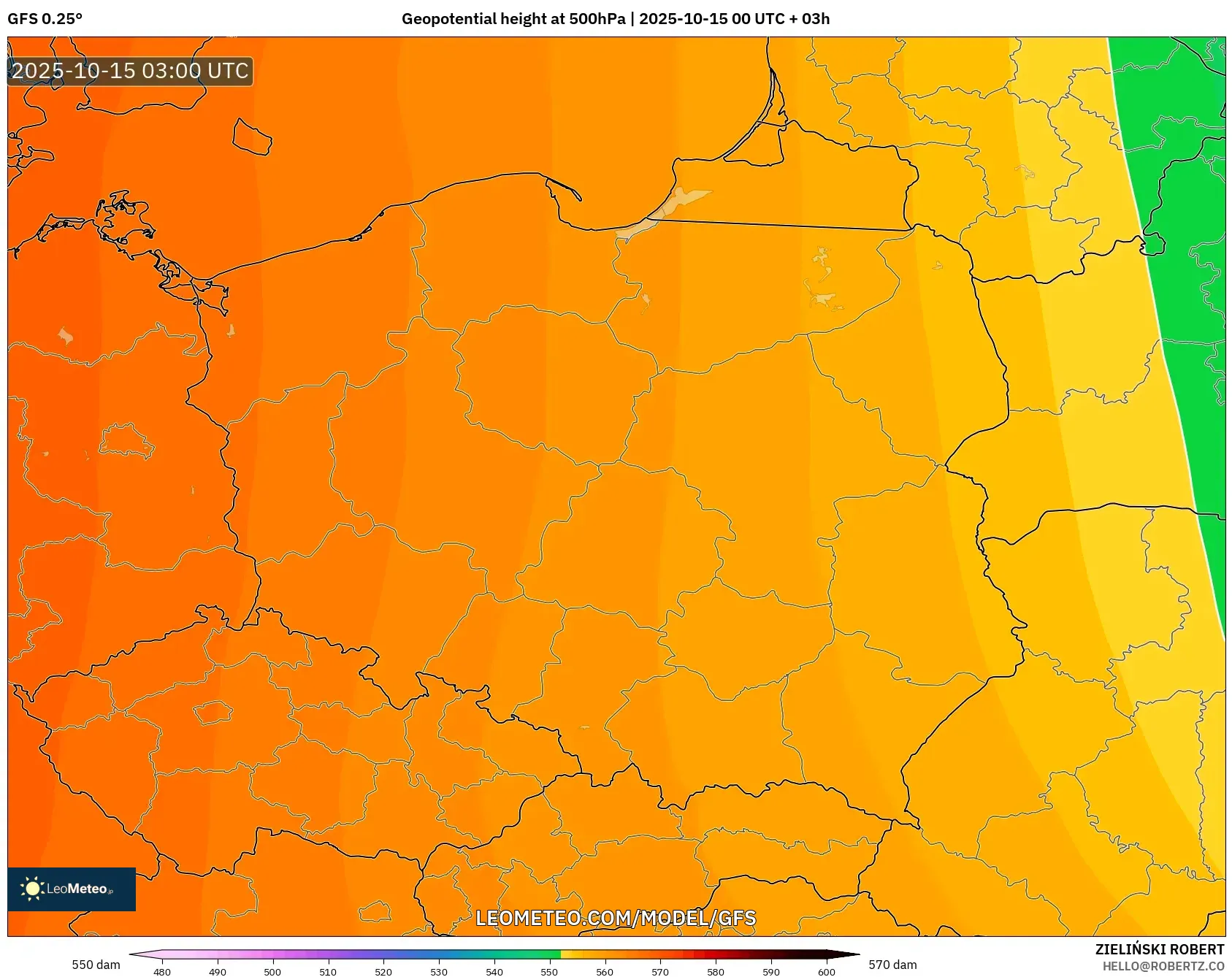 GFS model - Poland, Geopotential height at 500hPa GFS model - Poland, Geopotential height at 500hPa