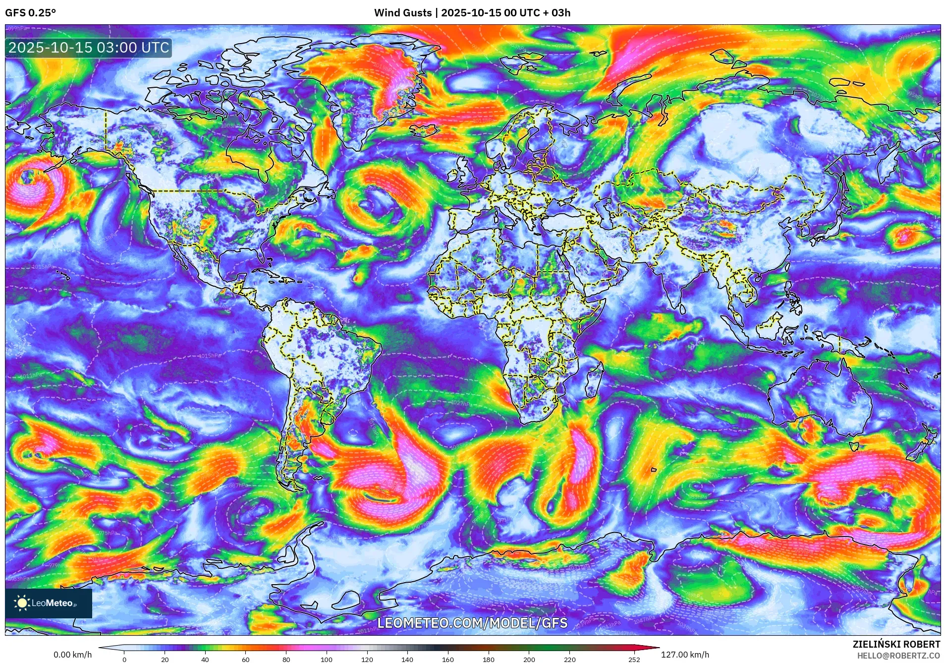 GFS model - World, Wind Gusts GFS model - World, Wind Gusts
