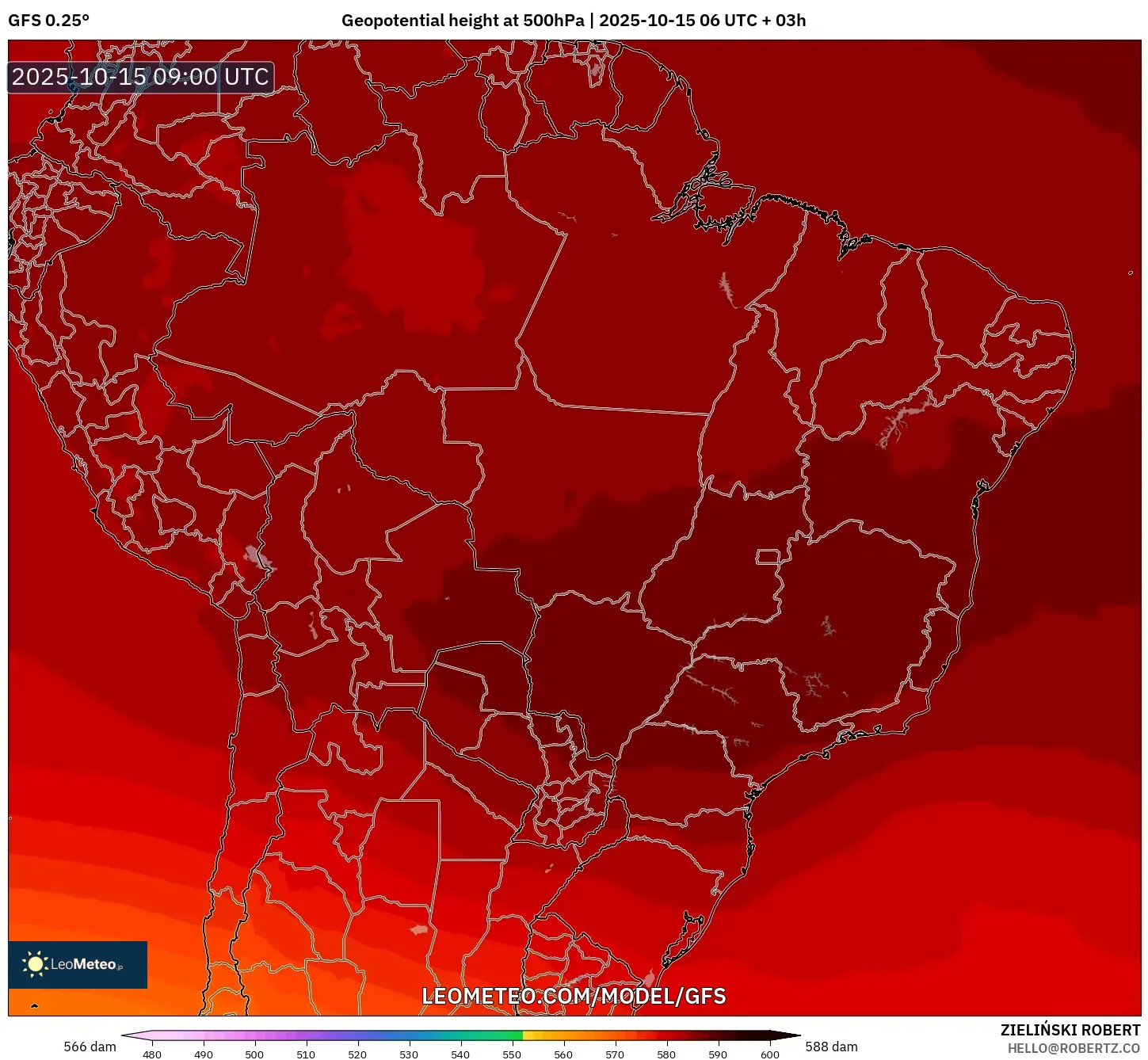 GFS model - Brazil, Geopotential height at 500hPa