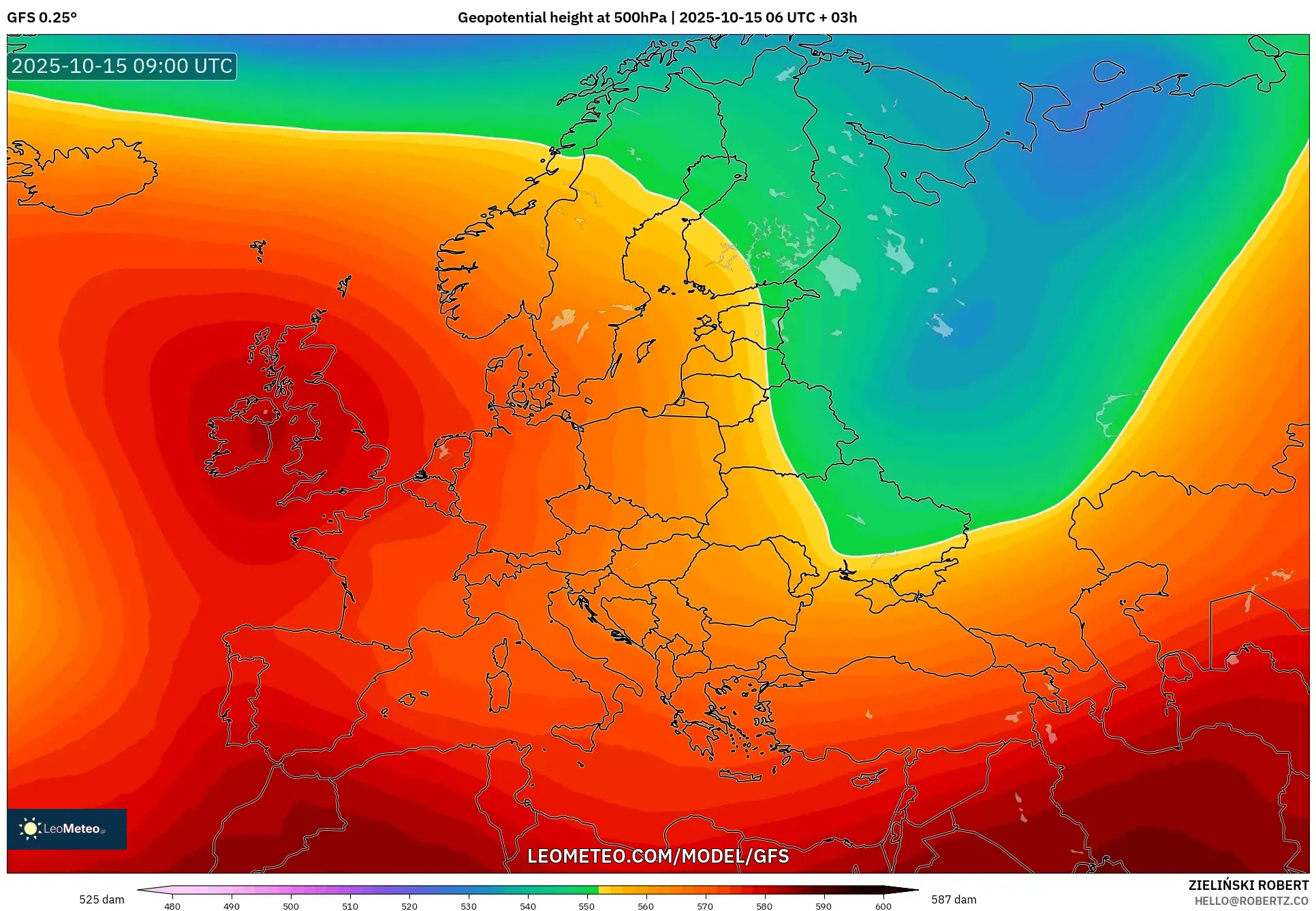 GFS model - Europe, Geopotential height at 500hPa