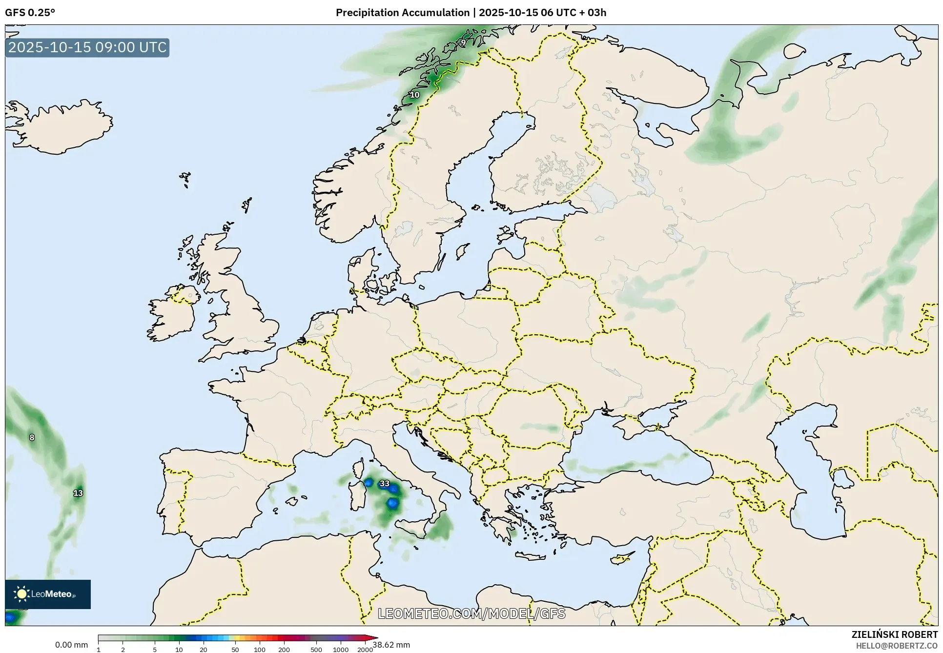 GFS model - Europe, Precipitation Accumulation