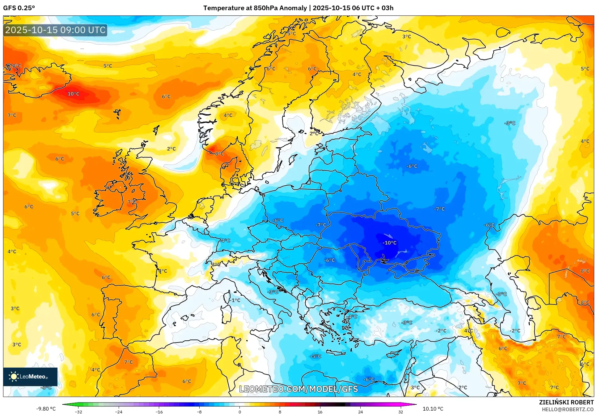 GFS model - Europe, Temperature at 850hPa Anomaly GFS model - Europe, Temperature at 850hPa Anomaly