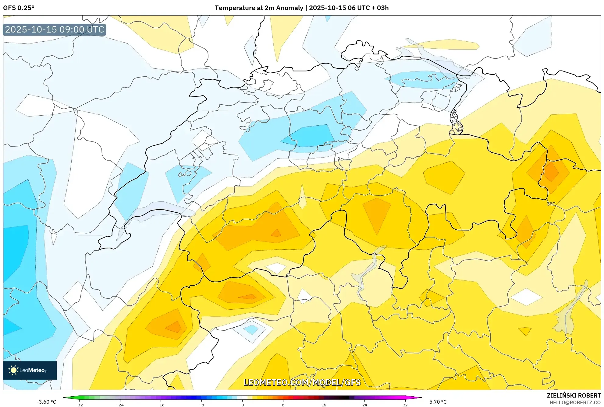 GFS model - Switzerland, Temperature at 2m Anomaly