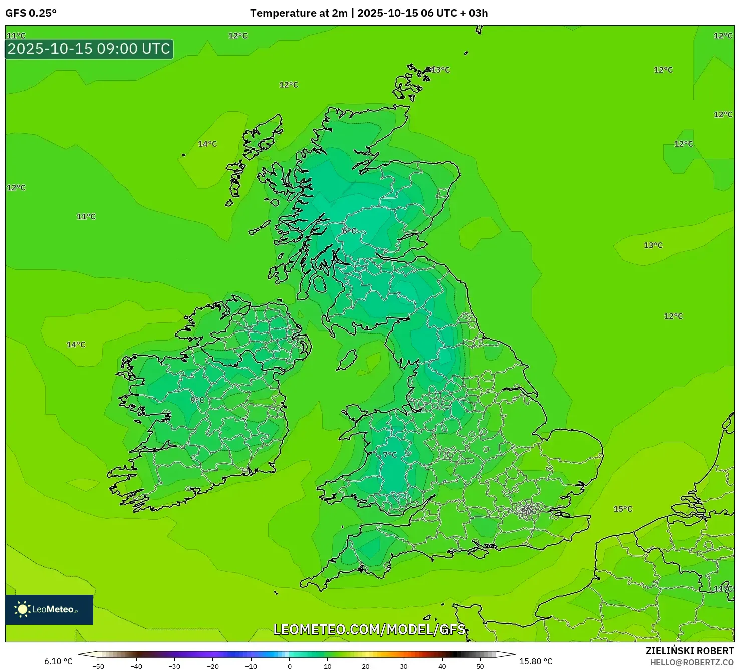 GFS model - United Kingdom, Temperature at 2m