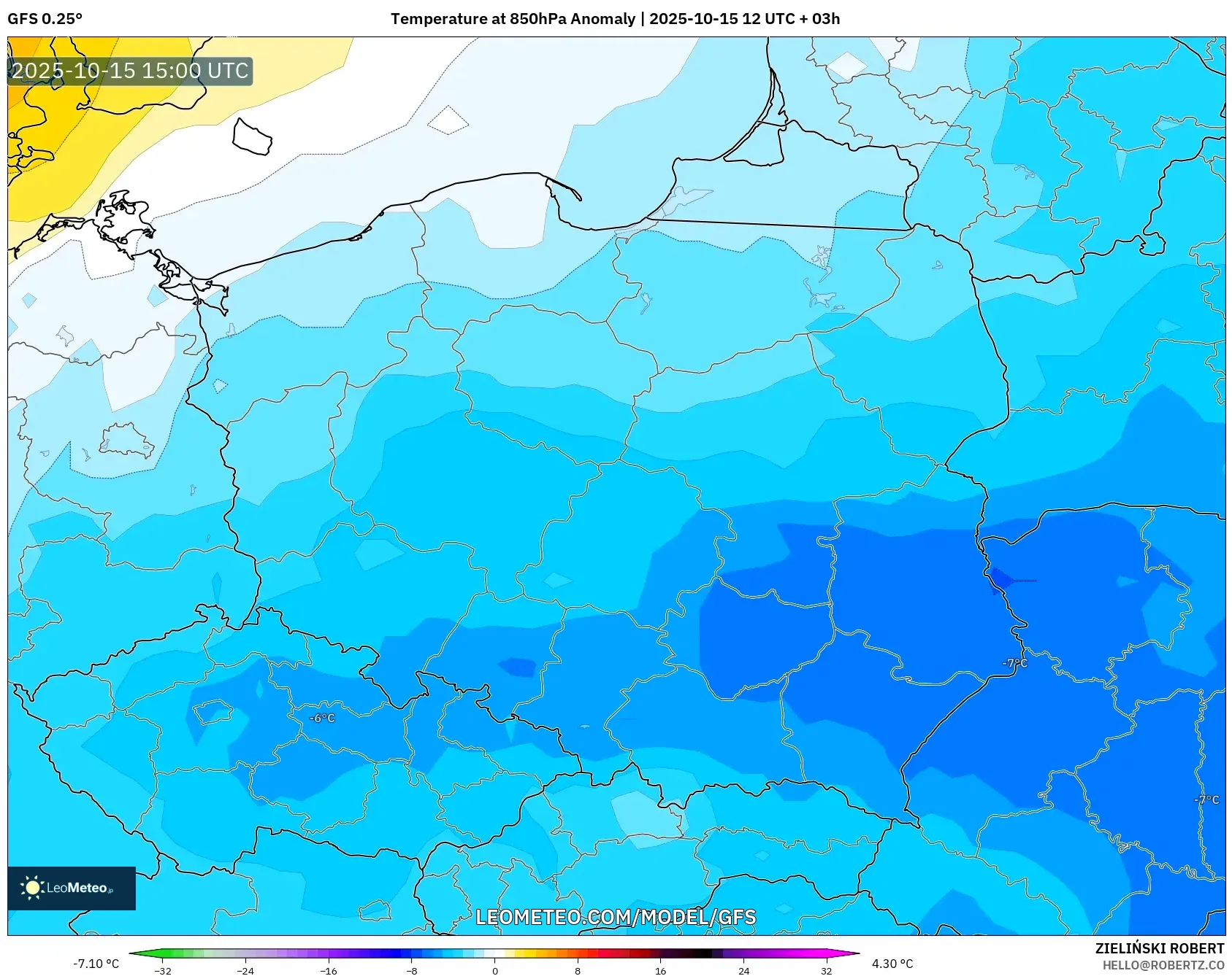 GFS model - Poland, Temperature at 850hPa Anomaly GFS model - Poland, Temperature at 850hPa Anomaly