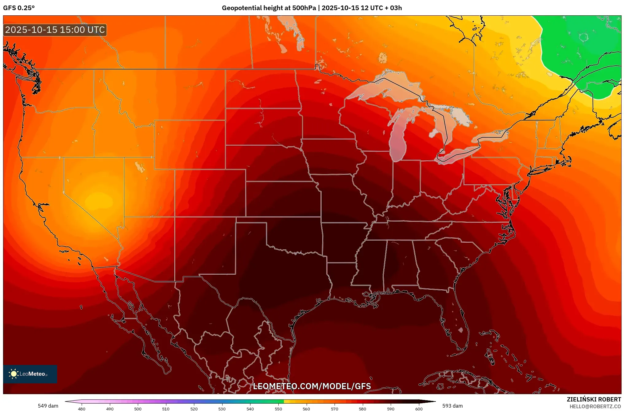 GFS model - United States, Geopotential height at 500hPa GFS model - United States, Geopotential height at 500hPa