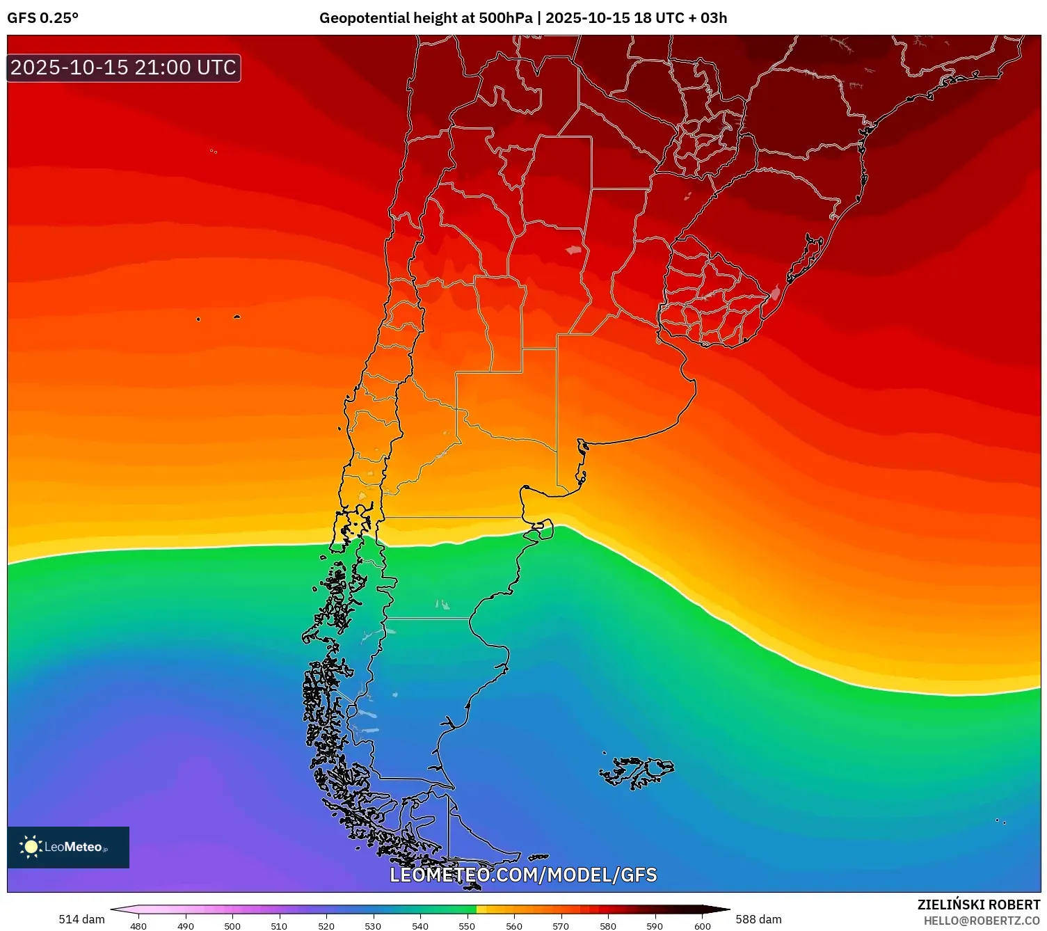GFS model - Argentina, Geopotential height at 500hPa GFS model - Argentina, Geopotential height at 500hPa