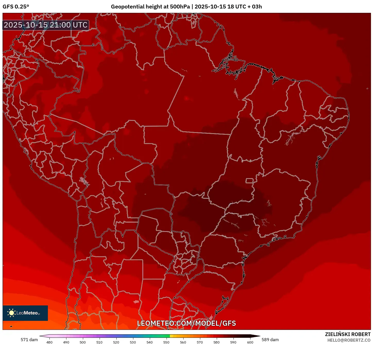 GFS model - Brazil, Geopotential height at 500hPa GFS model - Brazil, Geopotential height at 500hPa