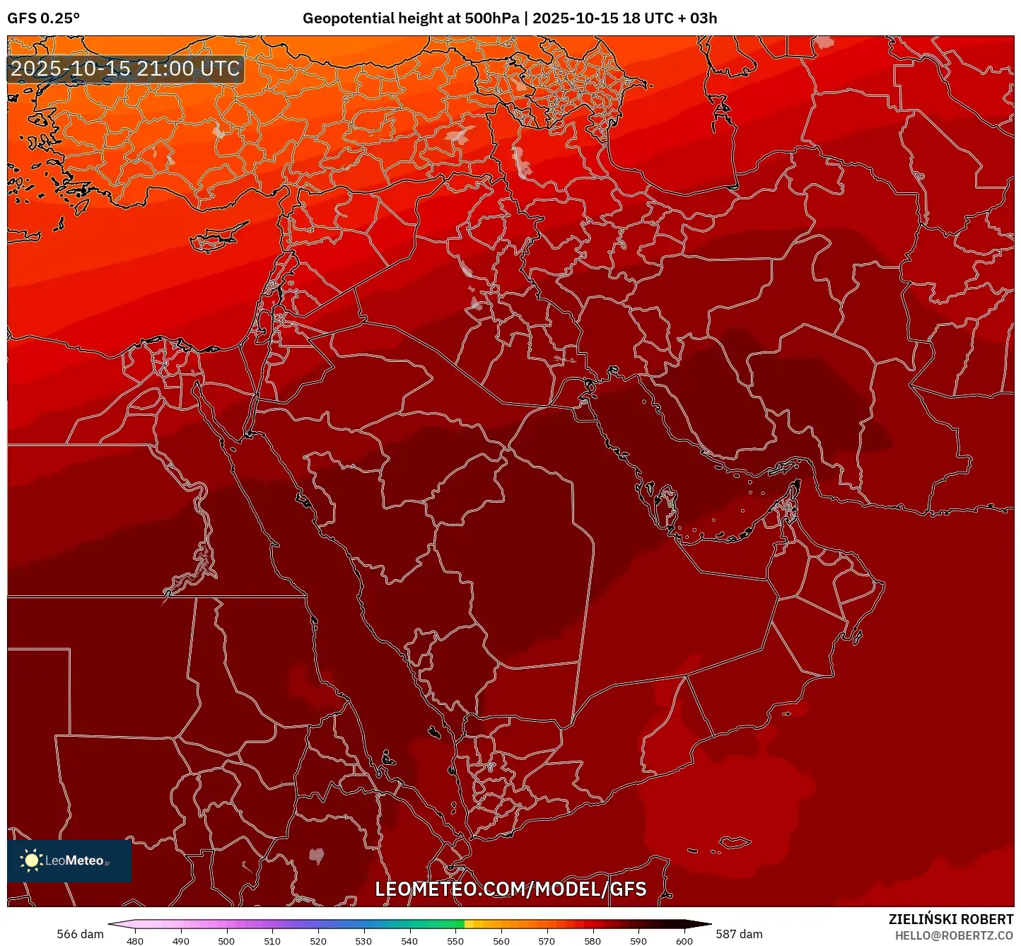 GFS model - Middle East, Geopotential height at 500hPa