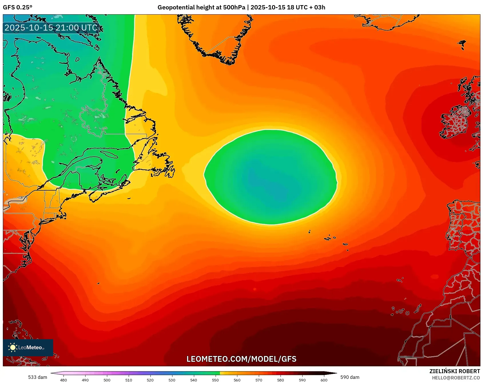 GFS model - North Atlantic, Geopotential height at 500hPa GFS model - North Atlantic, Geopotential height at 500hPa