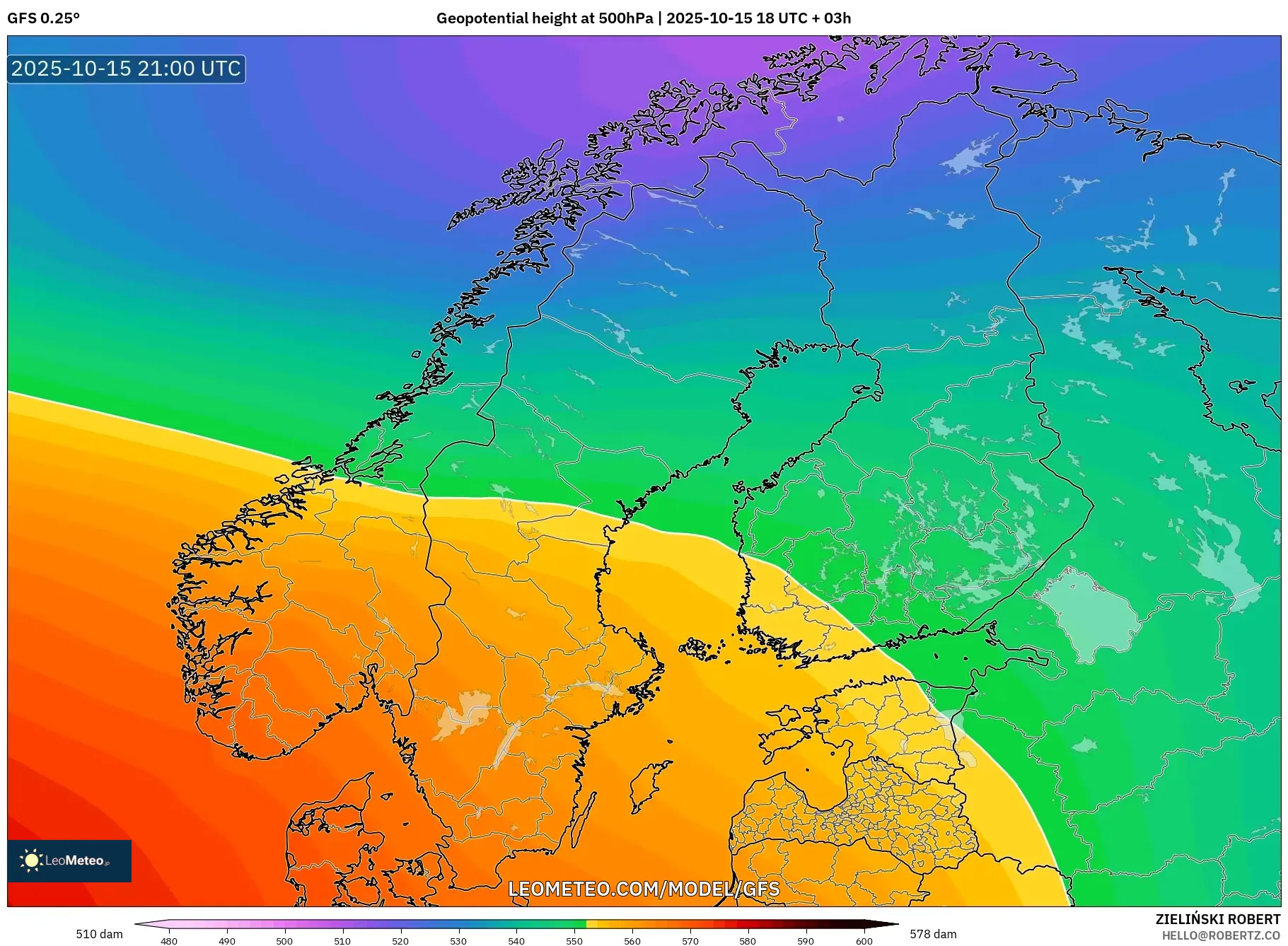 GFS model - Scandinavia, Geopotential height at 500hPa GFS model - Scandinavia, Geopotential height at 500hPa