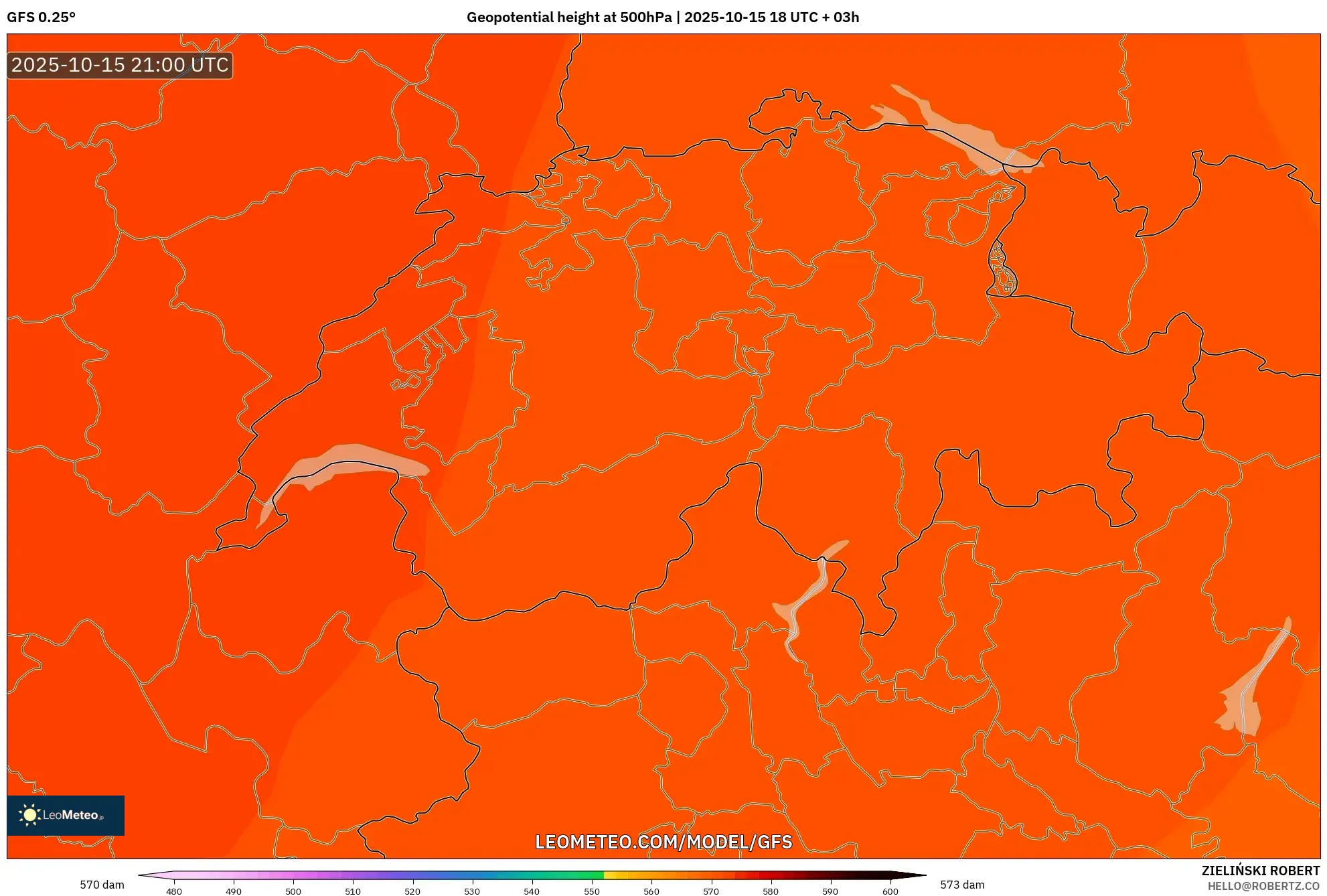 GFS model - Switzerland, Geopotential height at 500hPa