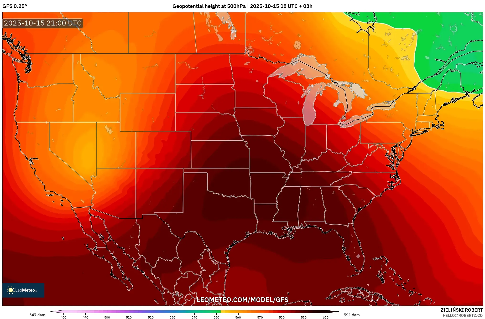 GFS model - United States, Geopotential height at 500hPa GFS model - United States, Geopotential height at 500hPa