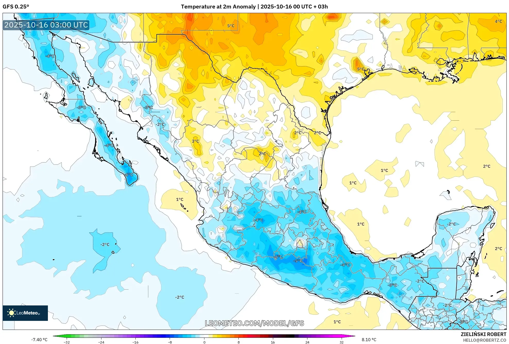 GFS model - Mexico, Temperature at 2m Anomaly GFS model - Mexico, Temperature at 2m Anomaly