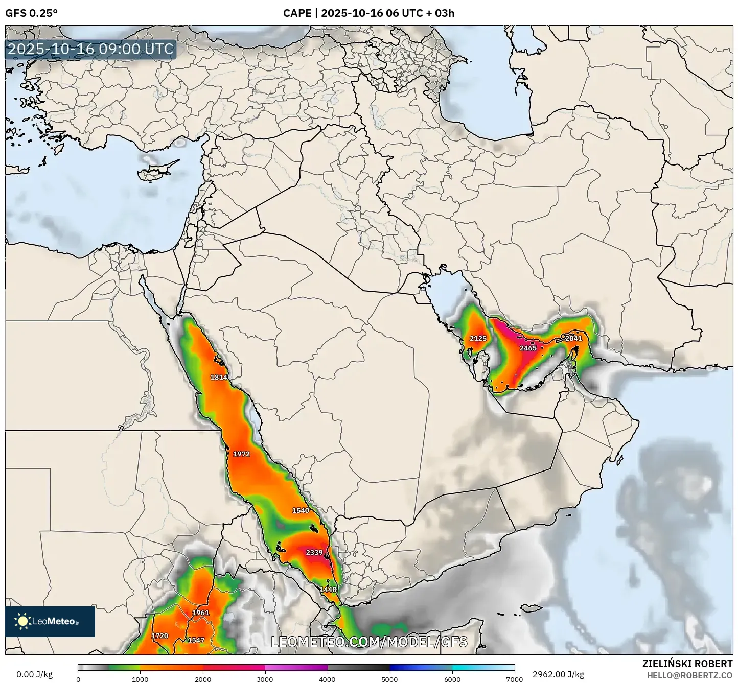 GFS model - Middle East, CAPE GFS model - Middle East, CAPE