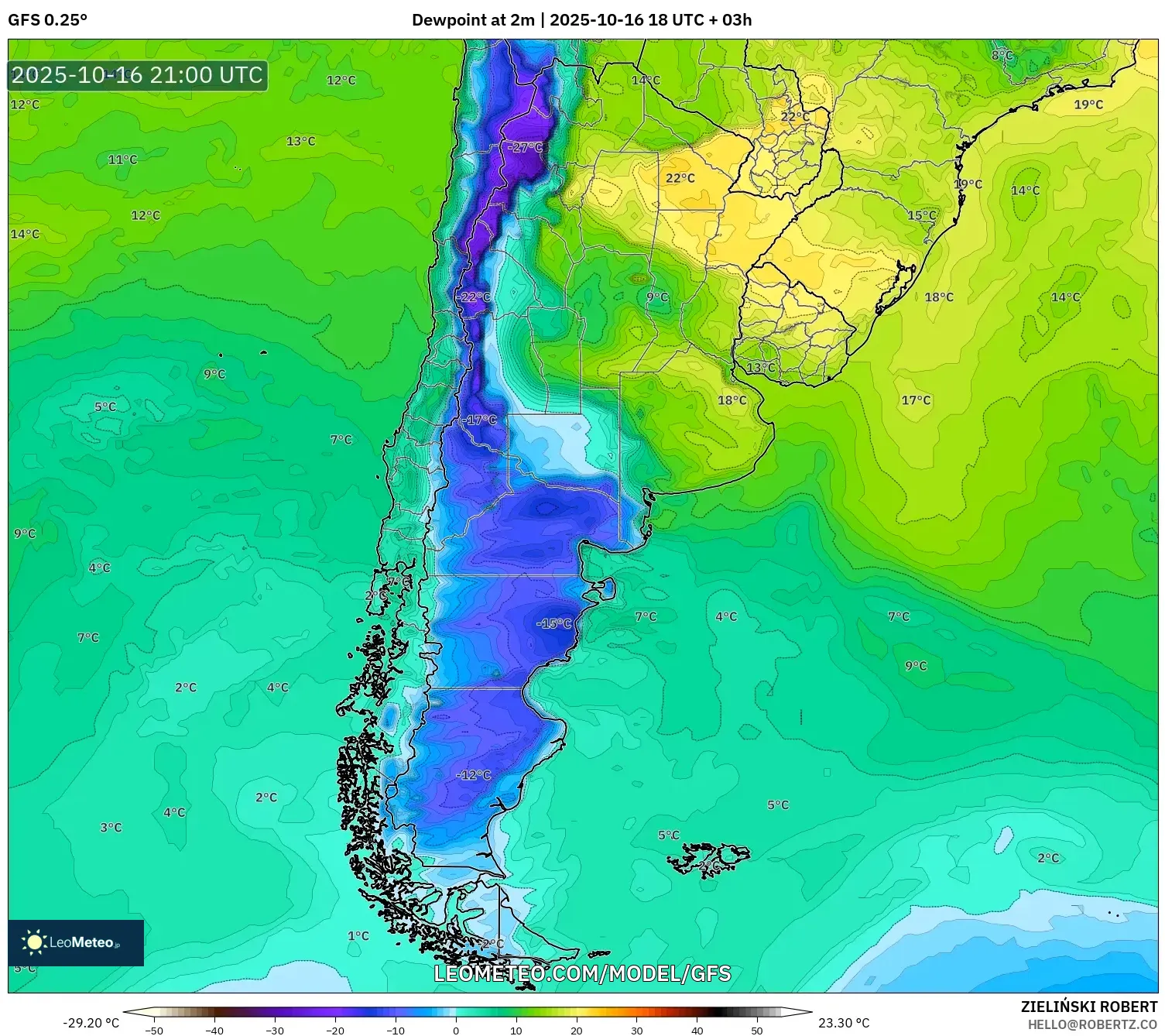 GFS model - Argentina, Dewpoint at 2m GFS model - Argentina, Dewpoint at 2m