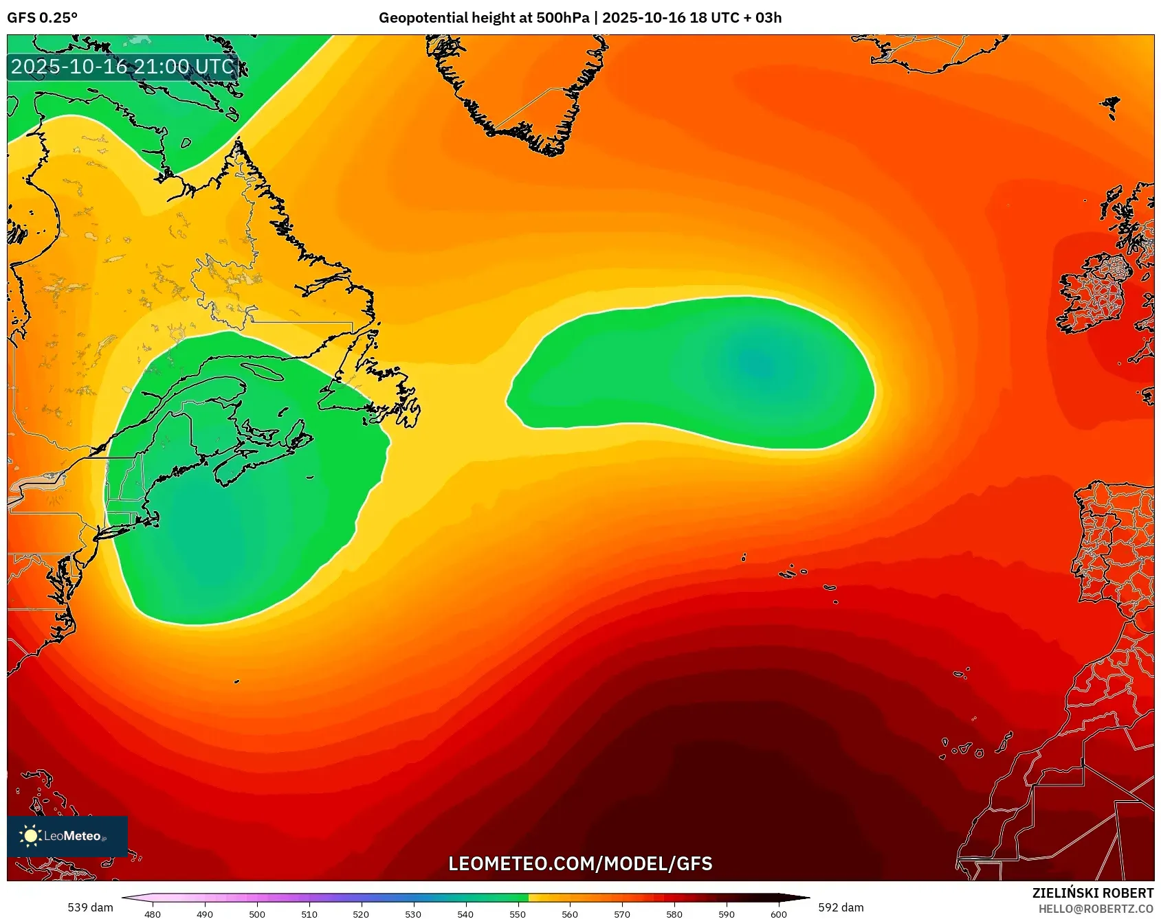 GFS model - North Atlantic, Geopotential height at 500hPa GFS model - North Atlantic, Geopotential height at 500hPa